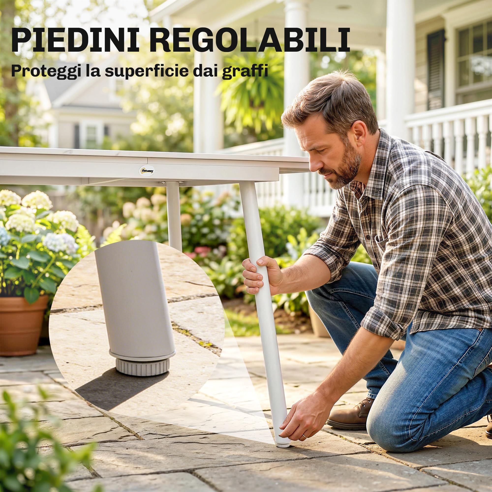 Outsunny Tavolo da Giardino per 6 Persone 140x80 cm Rettangolare Bianco | Tavolo da Pranzo Esterno, Piano in Composito Legno-Plastica Effetto Marmo, Struttura in Metallo, per Patio Terrazzo