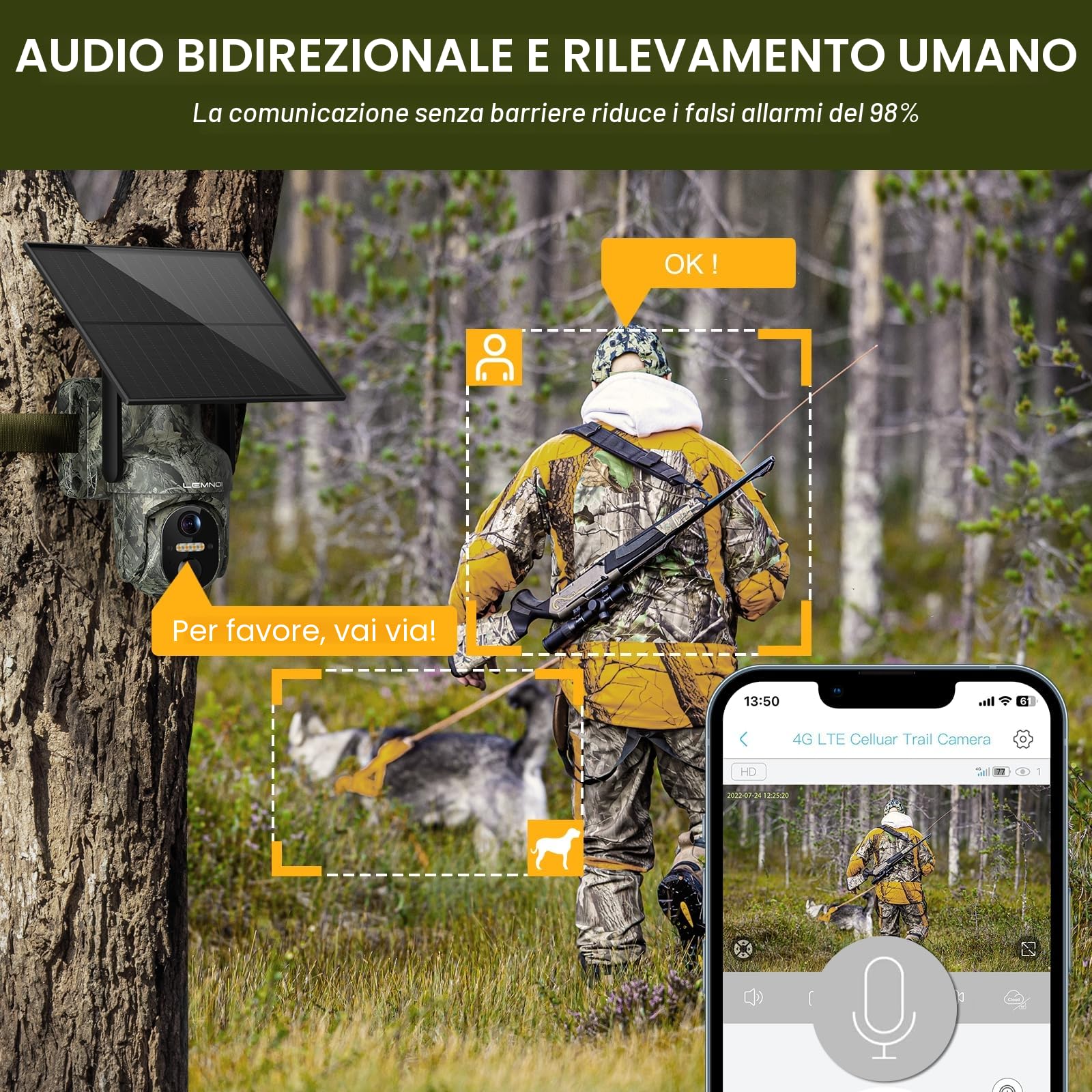 Fotocamera da Caccia 4G con SIM Preinstallato, Fototrappola Solare 2K, Visione Notturna a Colori, Rilevamento PIR, IP66