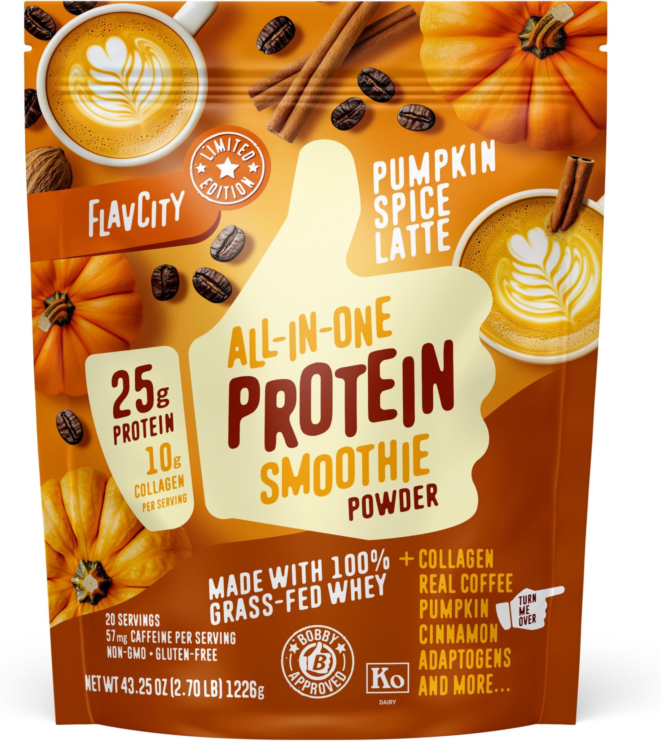FlavCity Grass Fed Whey Protein Powder - Pumpkin Spice Latte - 25g Protein & 57mg of Caffeine - Made with Real Pumpkin & Organic Coconut Milk - Gluten Free & No Added Sugars (20 Servings)