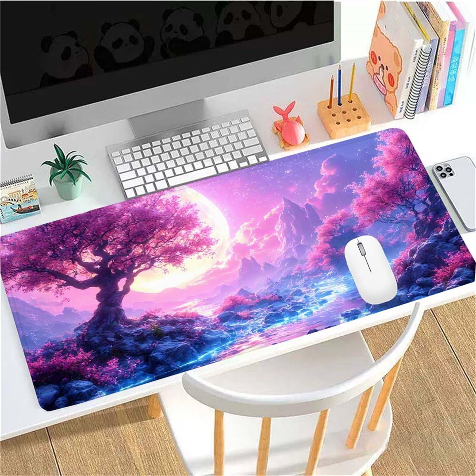 Alfombrilla Ratón Luna Árbol Alfombrilla Ratón XXL 1400x600x3mm Mouse Pad Resiste Salpicaduras, Extendida de Gran Tamaño con Bordes Cosidos, Mejora Precisión y Velocidad, Antideslizante,Duradera y-477