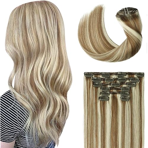 120g 22 inch Hair Extensions Clip in Balayage Hair Extension Ombre Blonde Real Remy Human Hair Extensions Clip in Real Natural Hair Extensions 7 Pieces Silky Straight
