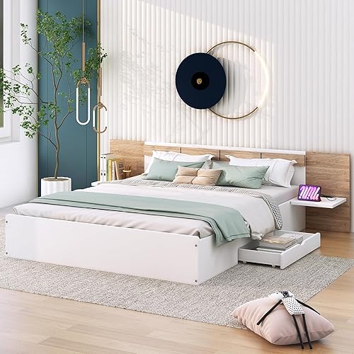 Cama de plataforma de tamaño Queen con cabecero y cajones, marco de cama de plataforma de madera maciza con estantes, puertos USB y enchufes, marco