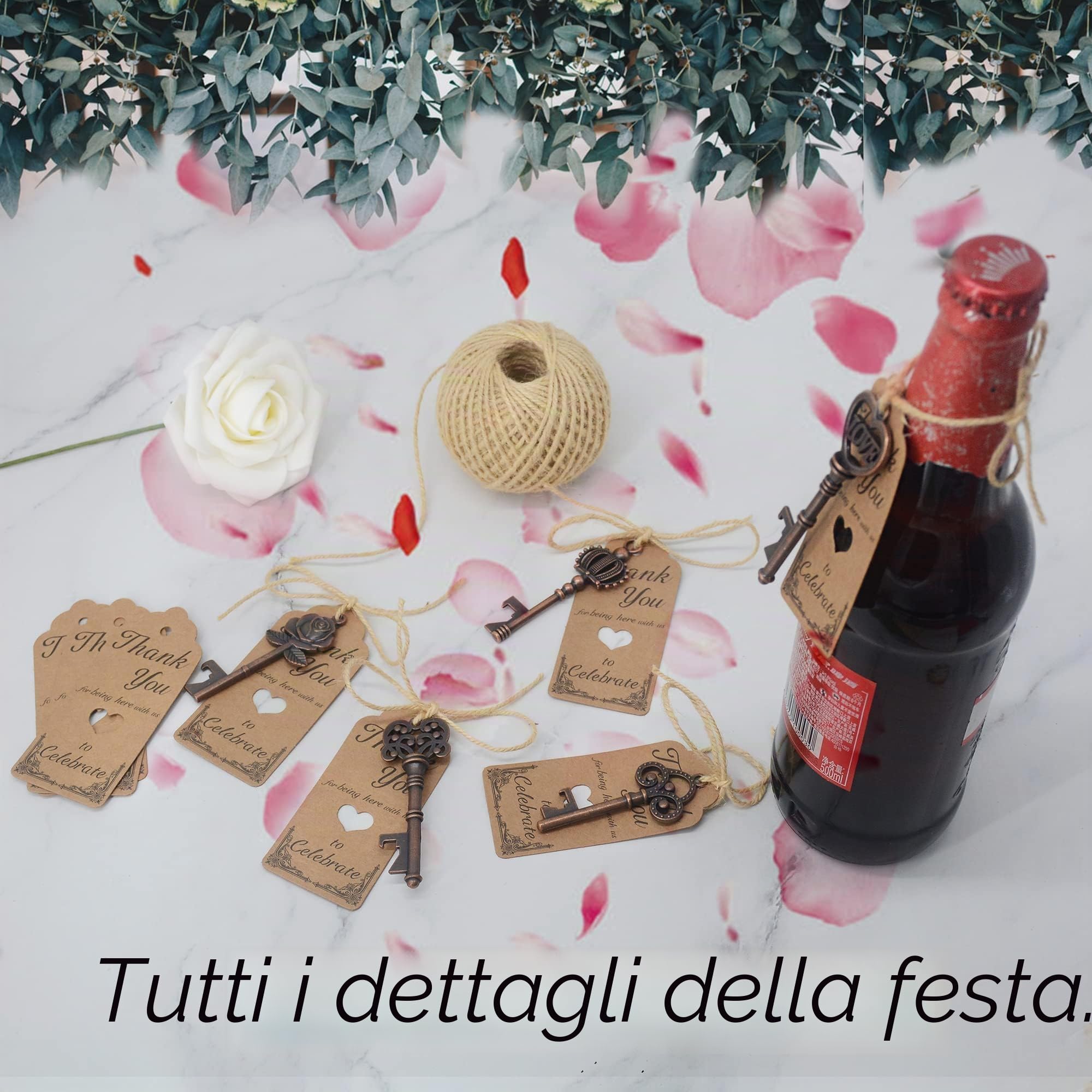 100 piccoli apribottiglie vintage in metallo con etichetta di ringraziamento e spago, accessorio divertente multiuso per compleanni, bomboniere, portachiavi, idee regalo per gli ospiti
