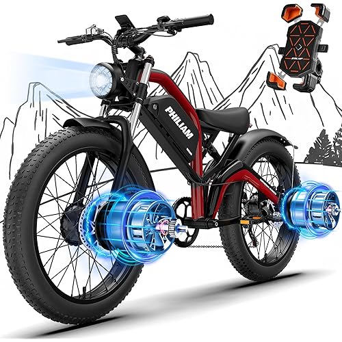 Electric Bike for Adults,3000W Peak Dual Motor ebike 35MPH E Bikes for Men Women,52V 23AH Battery, 80 Miles Range Ebike,26” Fat Tire Full Suspension E-Bike, Hydraulic Disc Brake Electric
