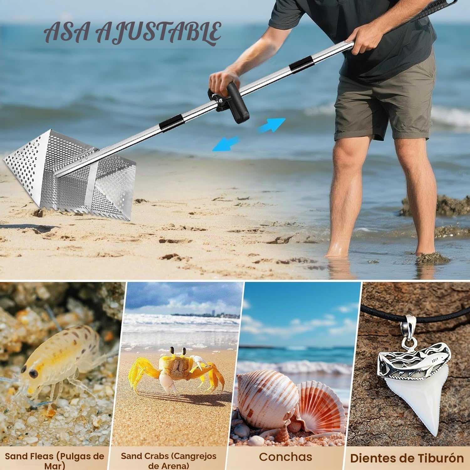 Juego de rastrillo para pulgas de arena, tamiz de arena de playa de acero inoxidable con cesta ancha de dientes de tiburón de 15.8 pulgadas, rastrillo de arena hueco de acero al carbono, rastrillos de