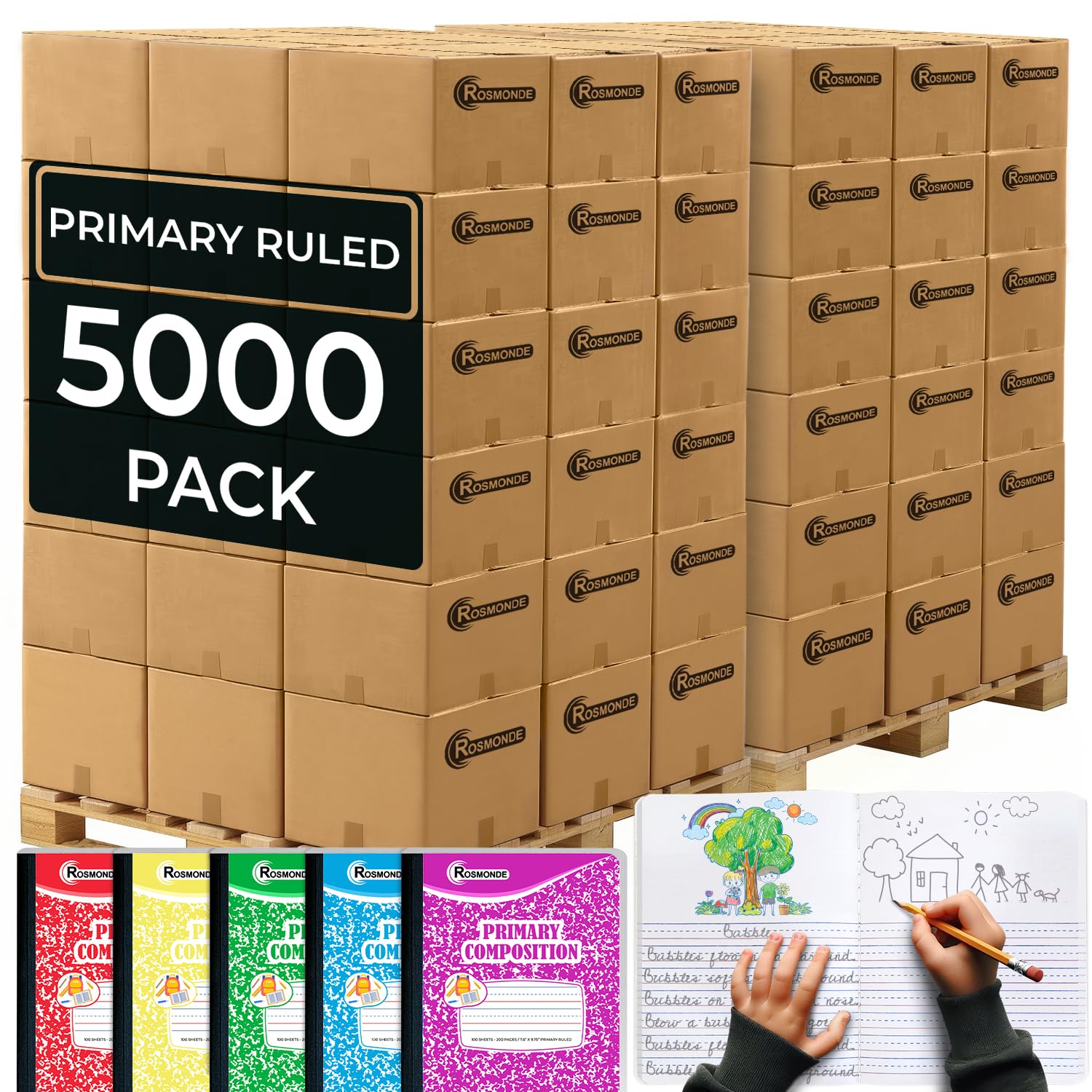 Mega Pallet (5000 Pack) Assorted Marble Composition Notebook, 100 Sheets (200 Pages), 9-3/4 x 7-1/2, Primary Ruled With Drawing, Grades K-2, Bulk School Supplies, 4-7 Days Transit
