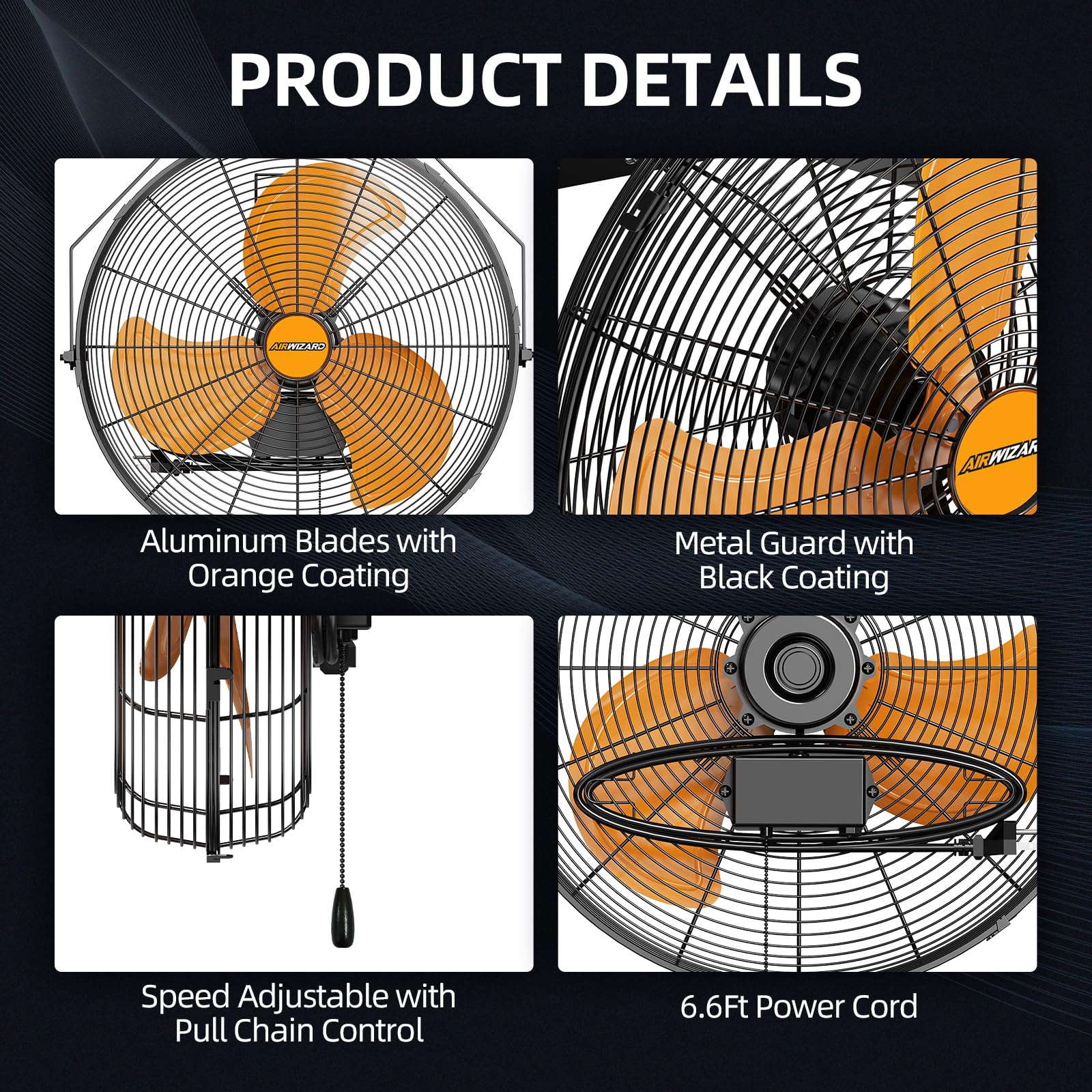 Ventilador industrial de pared de 20 pulgadas, ventilador de pared de metal de alta velocidad de 4850 CFM, 3 velocidades, inclinación ajustable, uso comercial para garaje, gimnasio, patio 6
