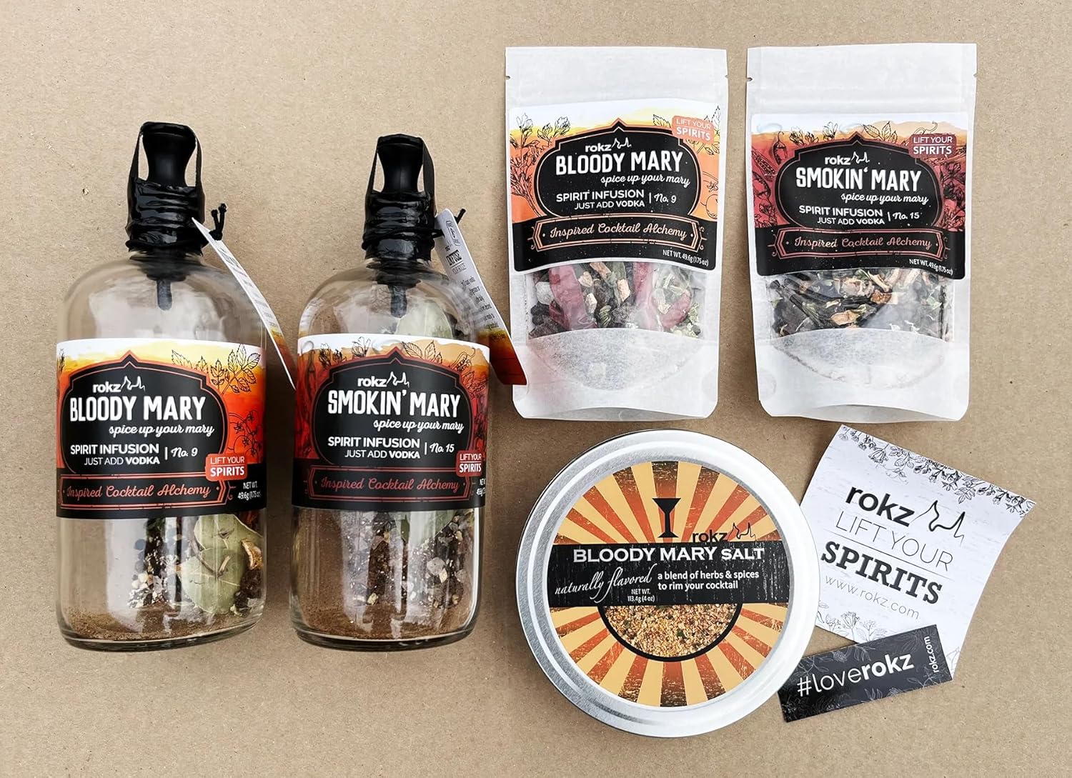 Bloody Mary Lift Your Spirits Cocktail Infusion Gift Set – Includes Classic & Smoky Infusion Bottles with Refills + Bloody Mary Infused Salt – Makes 30+ Drinks – Craft Cocktail Kit by Rokz