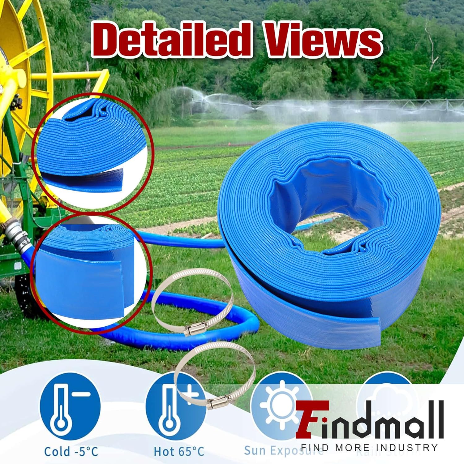 findmall 3 x 25 FT Heavy Duty Pool Backwash Hose, Reinforced PVC Lay Flat Discharge Hose, Weather-Proof for Water Transfer Swimming Drain Pools with 2 Hose Clamps