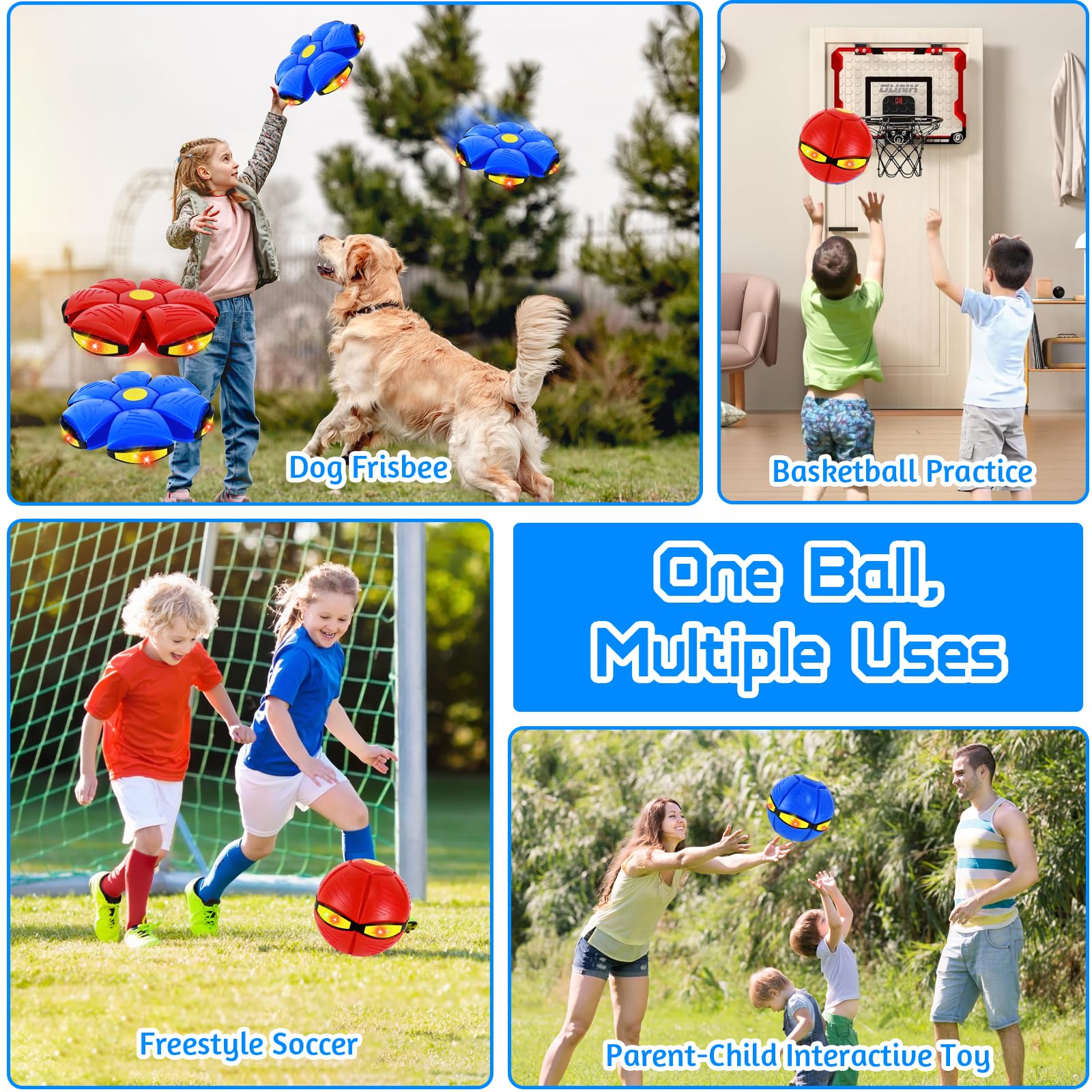 2 Piezas Pelota Saltarina MáGica con Led,Juguete Transformable 2-En-1 Platillo Volador Y Pelota,Juguete Interactivo para NiñOs Y Perros,Juego Interior Y Exterior,Rojo Y Azul