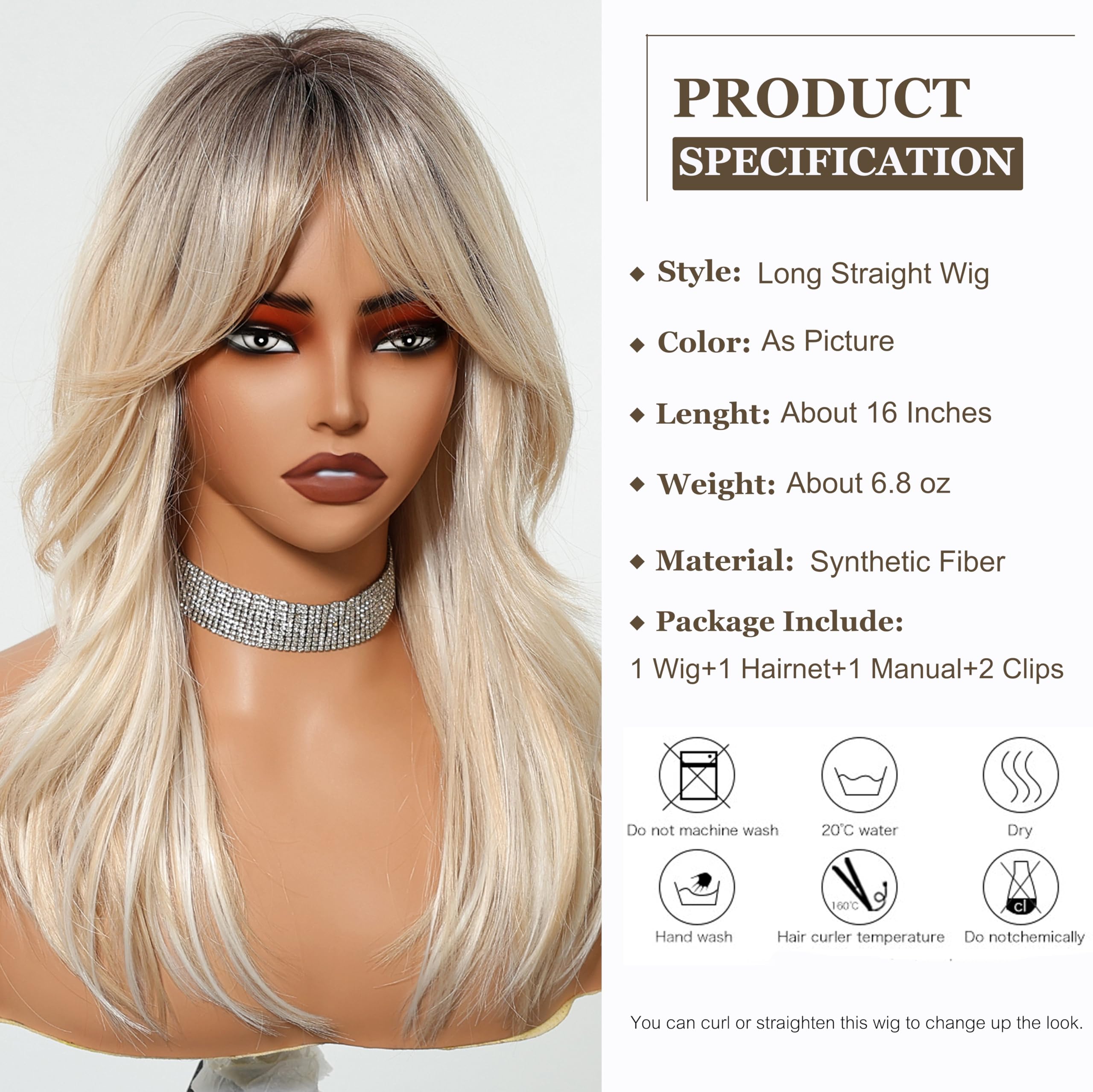 Esmee Lange Gerade Blonde Perücke für Frauen mit Vorhang Pony Natürliche Synthetisches Haar Perücken für den täglichen Gebrauch Party