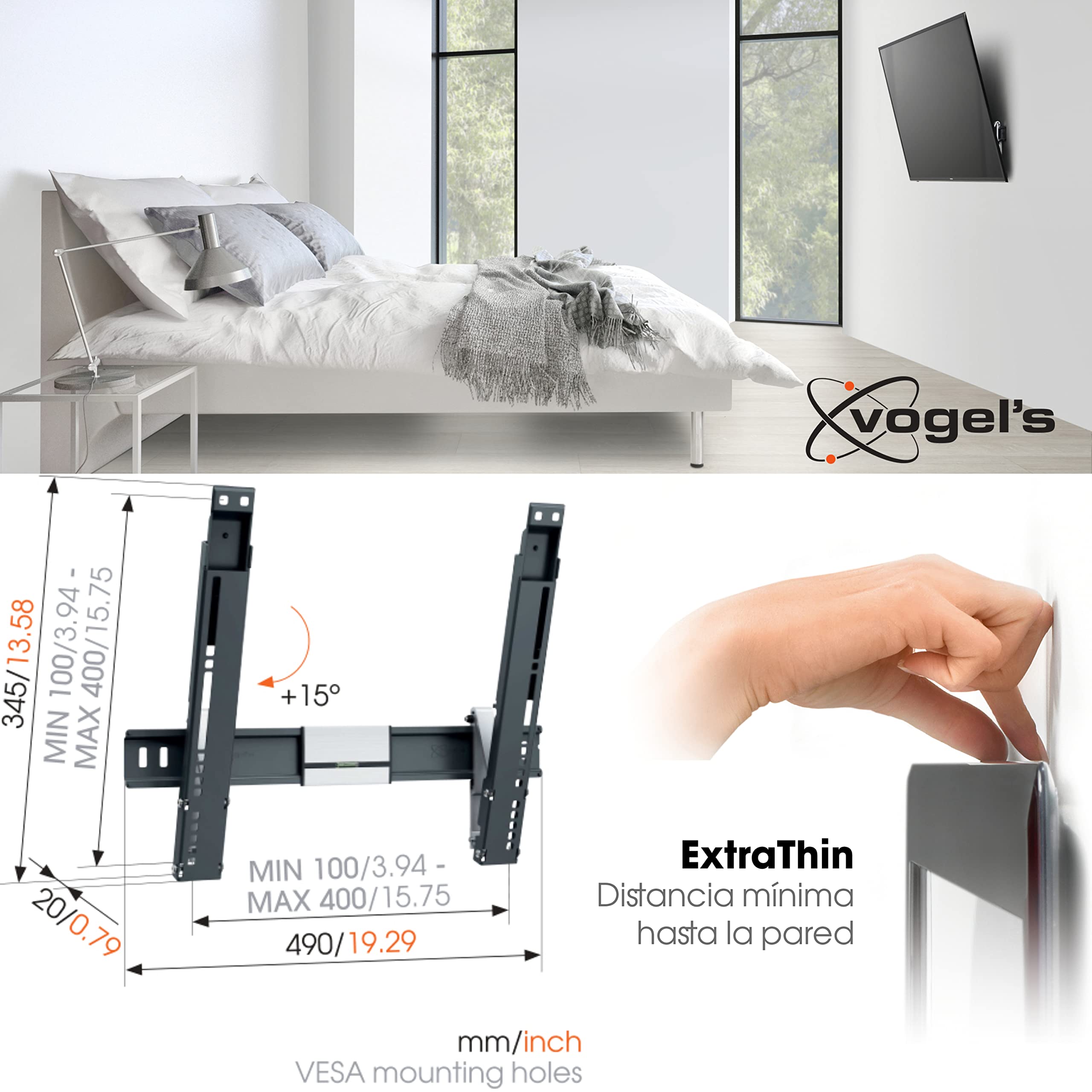 Vogel's Thin 415 Soporte de Pared para TV, Inclinable, para televisores de Entre 26-55 Pulgadas (66-140 cm), Máx. 18 kg, VESA Máx. 400x400, Certificación TÜV