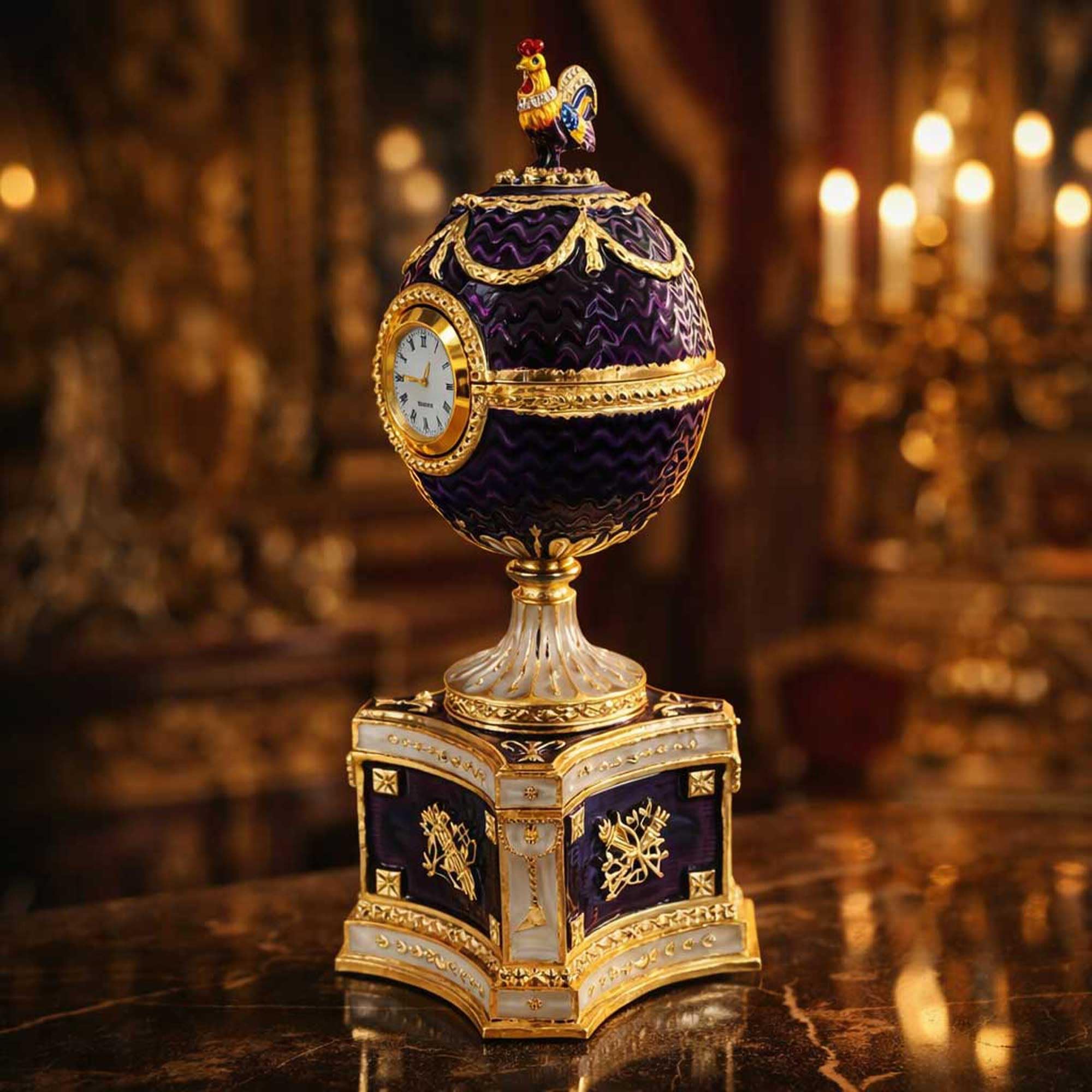 Huevo de Pascua Musical Imperial Real Chanticleer Kelch de 1904 en Esmalte Púrpura