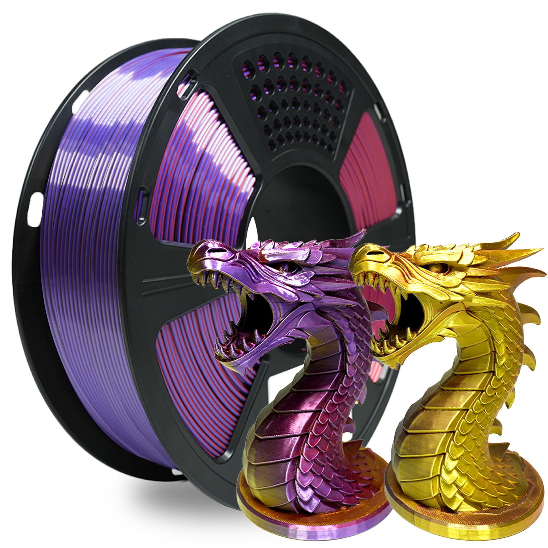 Silk Tri Color PLA Filament 3D Printer 1.75mm, Rainbow PLA 3D Printer Filament 1kg (2.2lbs), No Clog, Neatly Wound, Dimensional Accuracy +/- 0.02mm, for Most FDM 3D Printers, Red Gold Purple