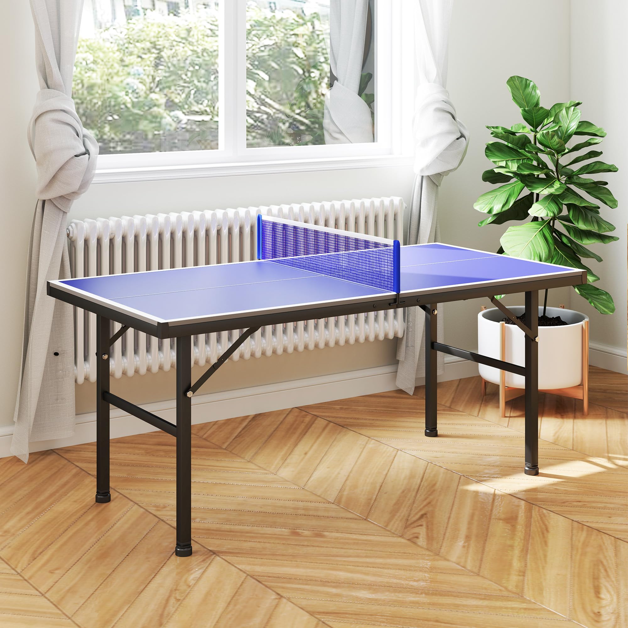 SPORTNOW Mini Table de ping Pong 153x76cm avec Plateau traité UV, Table Pliante pour intérieur et extérieur, Table de Tennis de Table avec Pieds réglables, Filet et 5 Pieds, Bleu