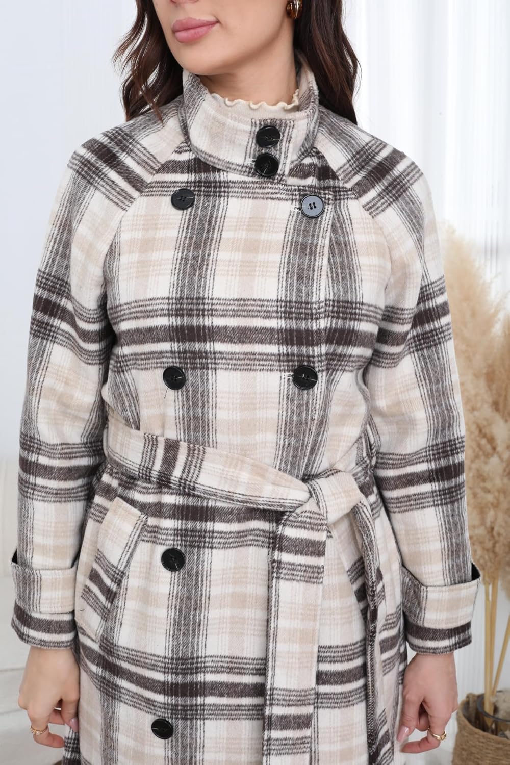 CHARTOU Women Long Wool Plaid Pea Coat Double Breast Midi Long Trench Peacoat Overcoat with Belt - Image 4