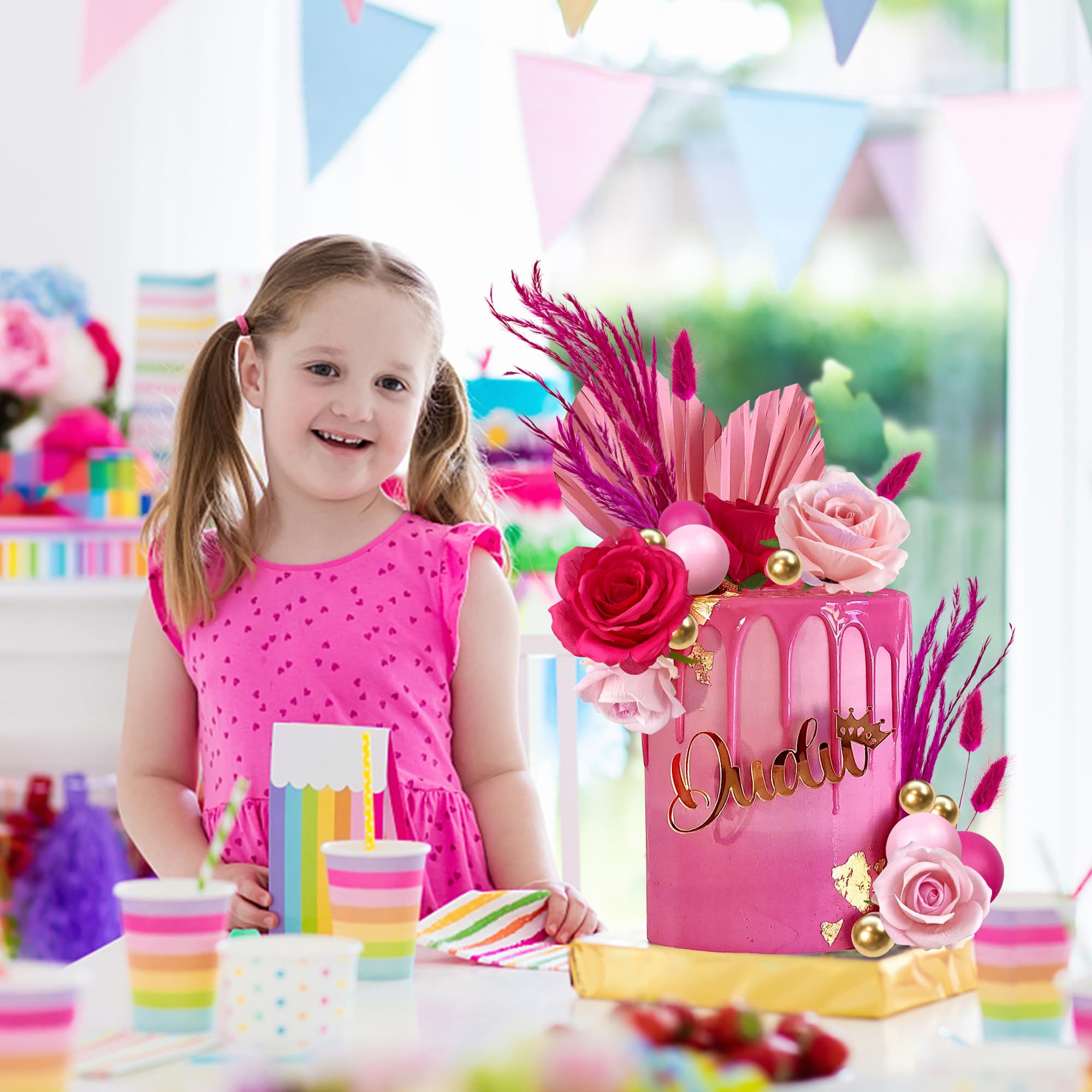 Hot Pink Girl Cake Toppers With Bunny Tails - Boho Kenya