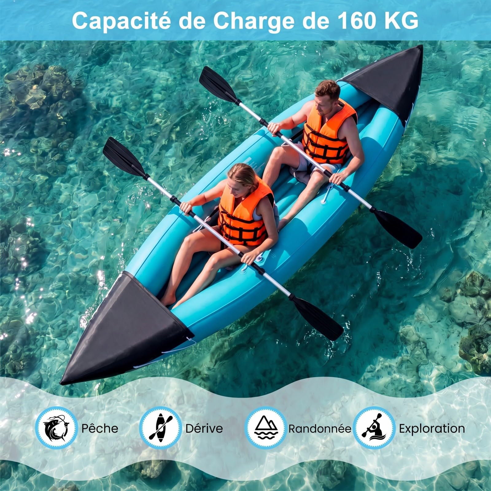 COSTWAY Set de Kayak Gonflable 2 Places | Canoë avec 2 Sièges Rembourrés, Pagaie en Aluminium Pompe, Sac de Transport
