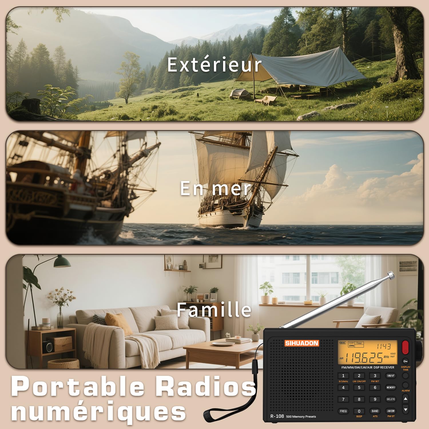 Radio Portable SIHUADON R108 FM AM MW SW Multibande Poste Radio à Ondes avec Affichage du Temps de Parole Fort RéTro-éClairage NuméRique Alarme Noir