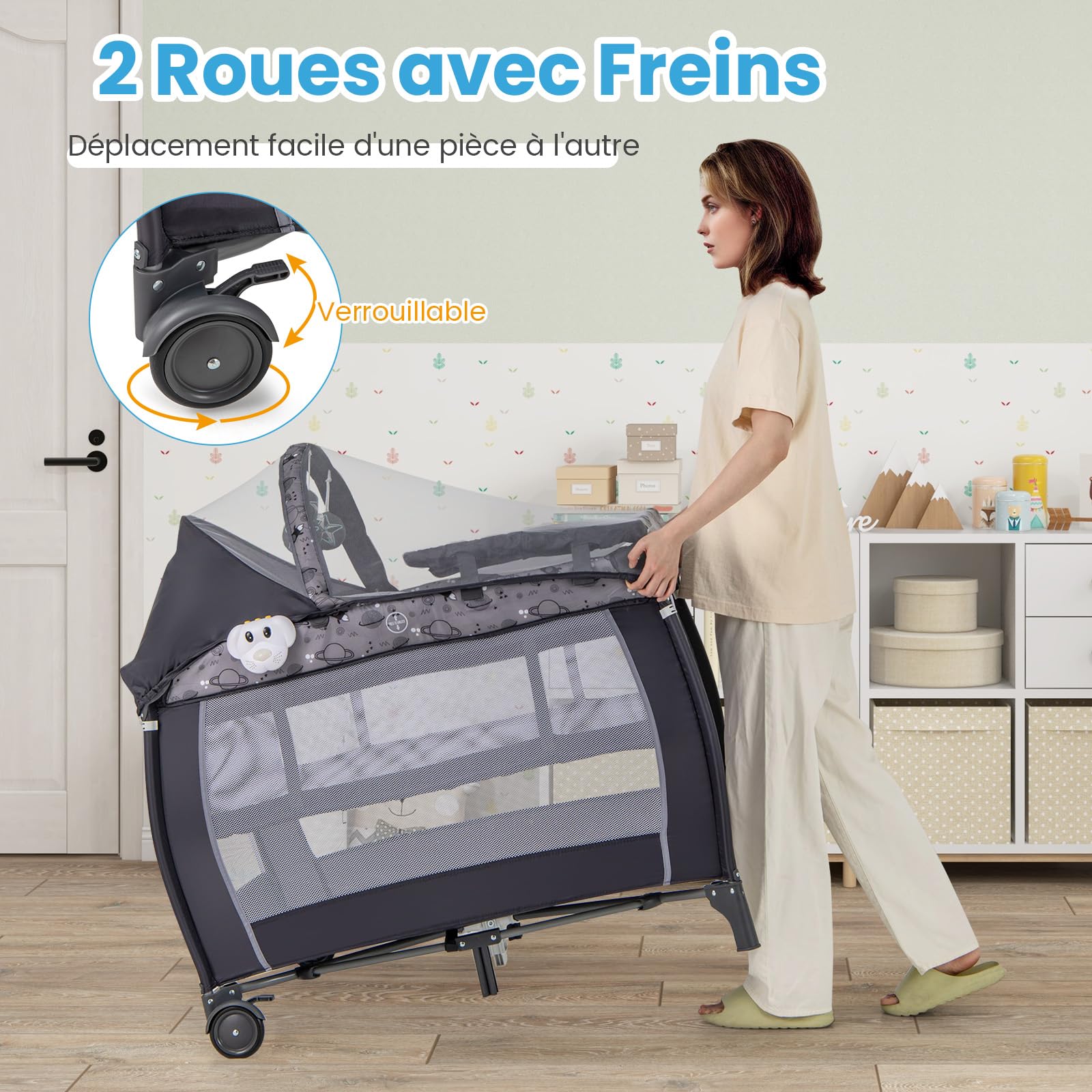 GOPLUS Lit Parapluie Bebe avec Matelas, 4 en 1 Berceau Bébé Evolutif avec Table a Langer, Roues Verrouillables, Jouets Suspendus, Boîte à Musique, Lit de Voyage Portable pour 0-3 Ans