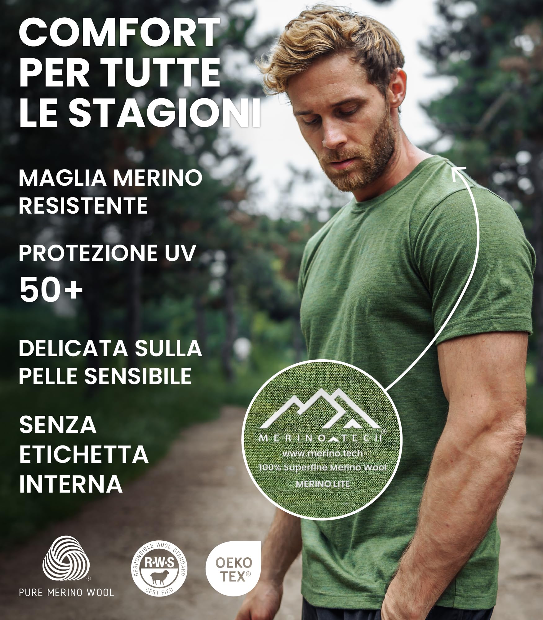 Merino.tech Maglietta Lana Uomo - 100% Biologica Merino, Intimo Lana Merinos Uomo Leggero