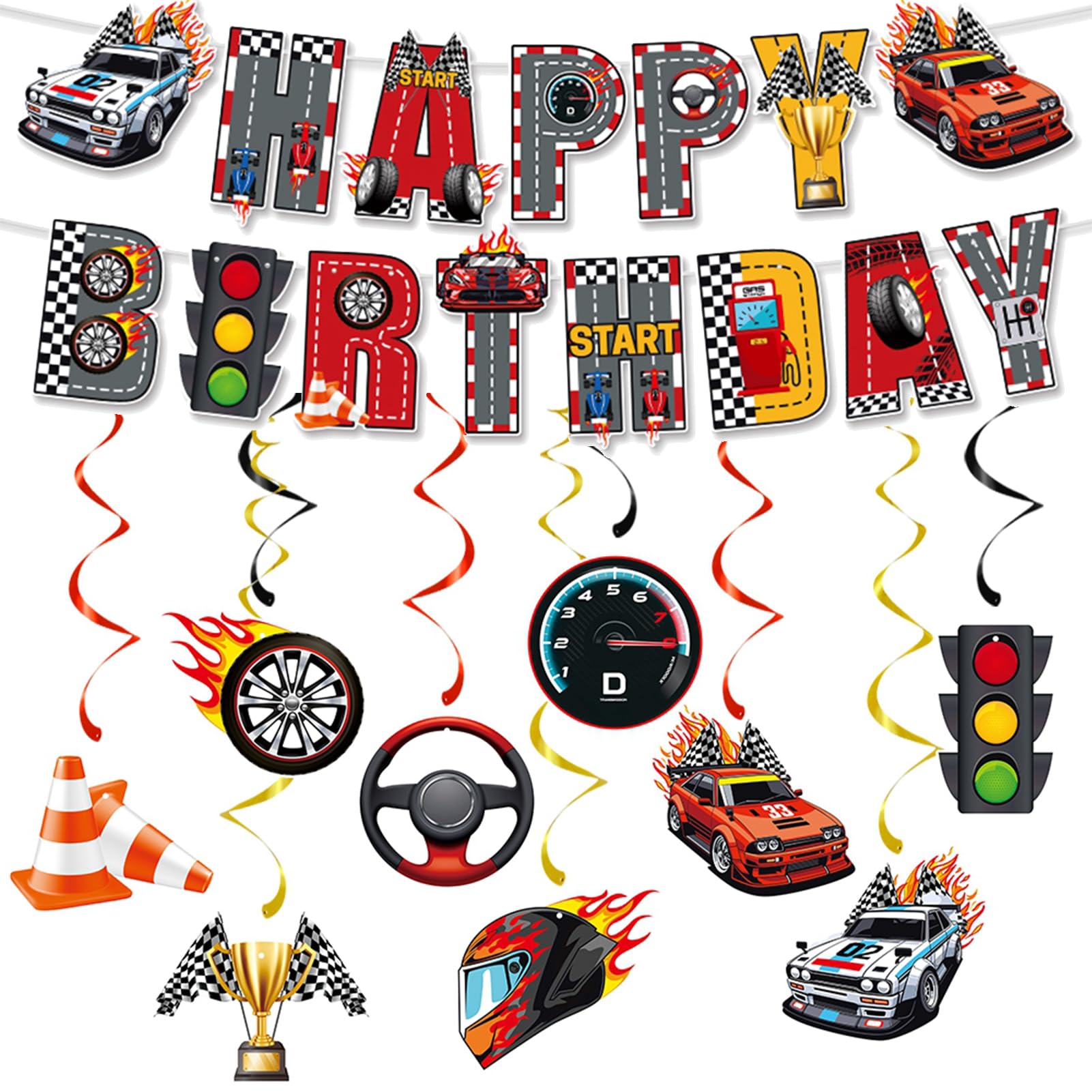 Race Car Party Decorations Kit with Happy Birthday Banner and Racing Hanging Swirls for Baby Showr Kids Teens Racing Themed Birthday Party Supplies