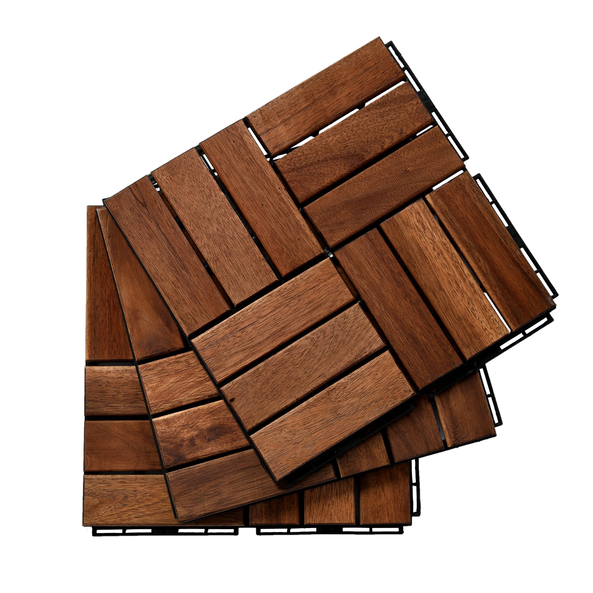 Interlocking Deck Tiles Acacia Wood Outdoor Snap Together Click Wood Floor Heavy Duty Carpet Decking Tile for Patio,Party,Balcony, Rain and Weather Resistant,10pcs,12” x 12” (12, Crossed, 10)