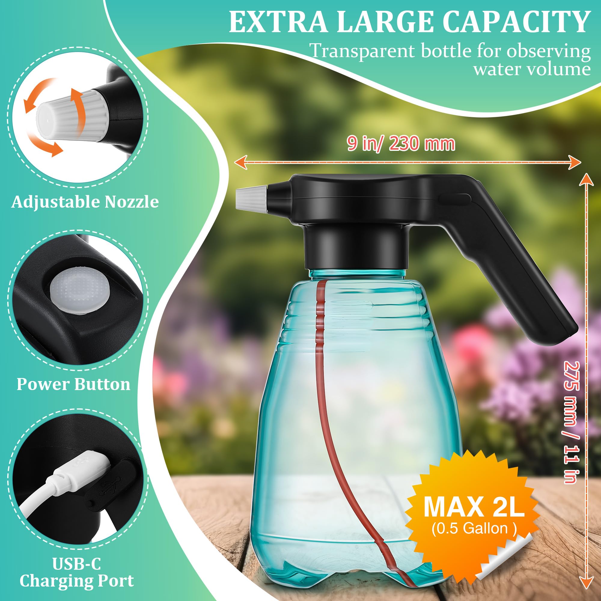Dunkive Electric Spray Bottle Plant Mister for Indoor Outdoor Plants, 0.5 Gallon Automatic Watering Can Rechargeable Battery Powered Sprayer with Adjustable Spout for Gardening, Fertilizing, Cleaning