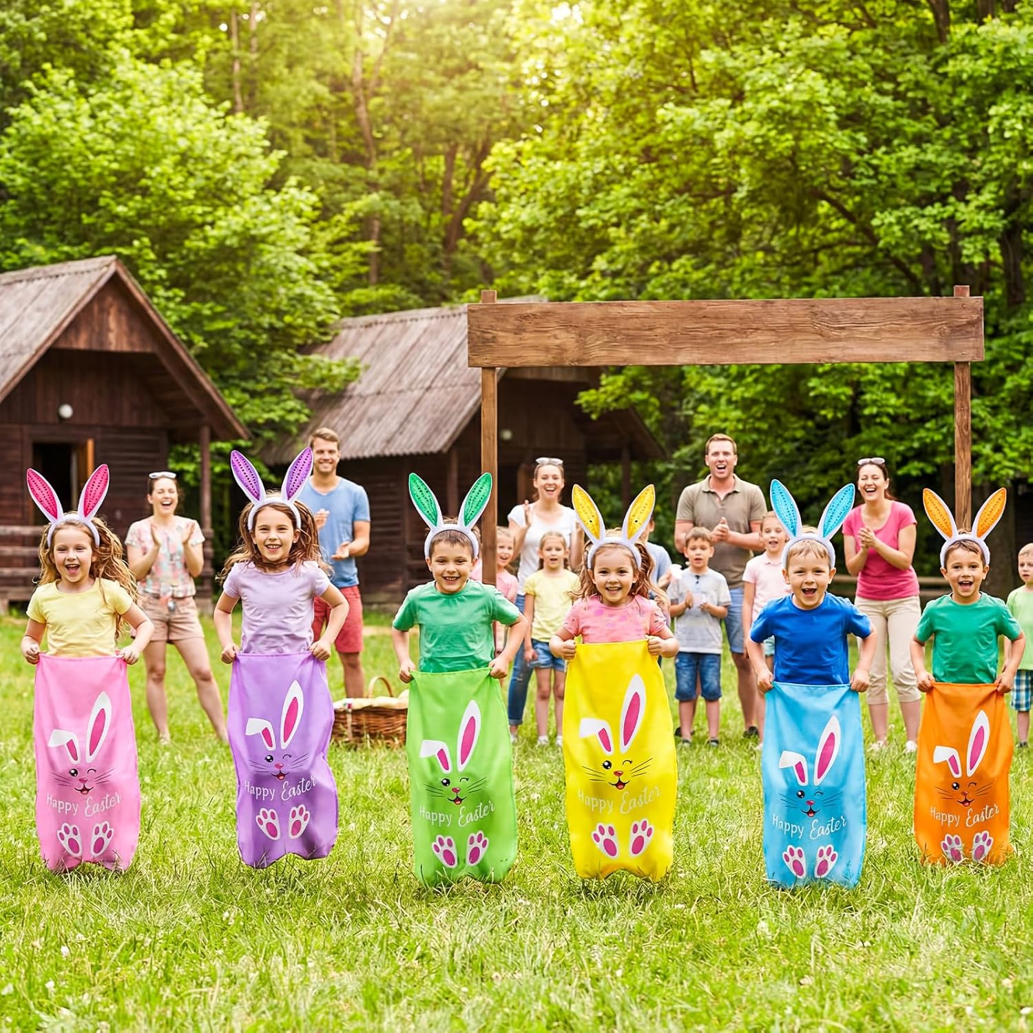 Civaner 30 Pcs Easter Games Set for Kids Outdoor Includes 6 Bunny Potato Sack Race Bags 6 Easter Egg and Spoon 6 Bunny Ears Headbands 6 Legged Relay Race Band for Game Party(Rainbow Color,Happy)
