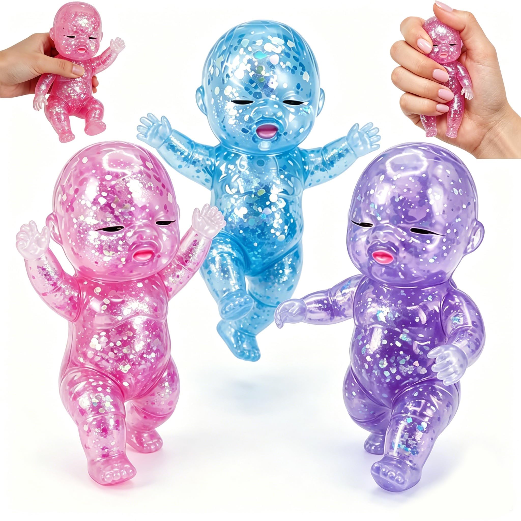 3 Pcs Baby Doll Squishy Fidget Toys, Glitter Squishy Fidgets Squeeze Toys