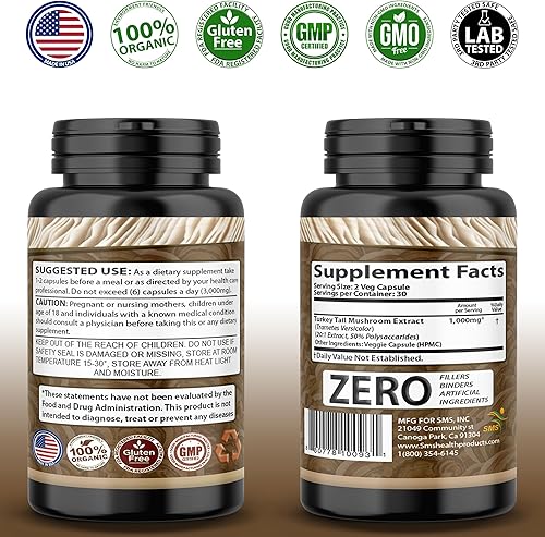 Miniatura 6 de Suplemento de hongos de cola de pavo por SMS (60 cápsulas), 30% polisacáridos, sistema inmunológico integral y apoyo digestivo, orgánico, sin OMG