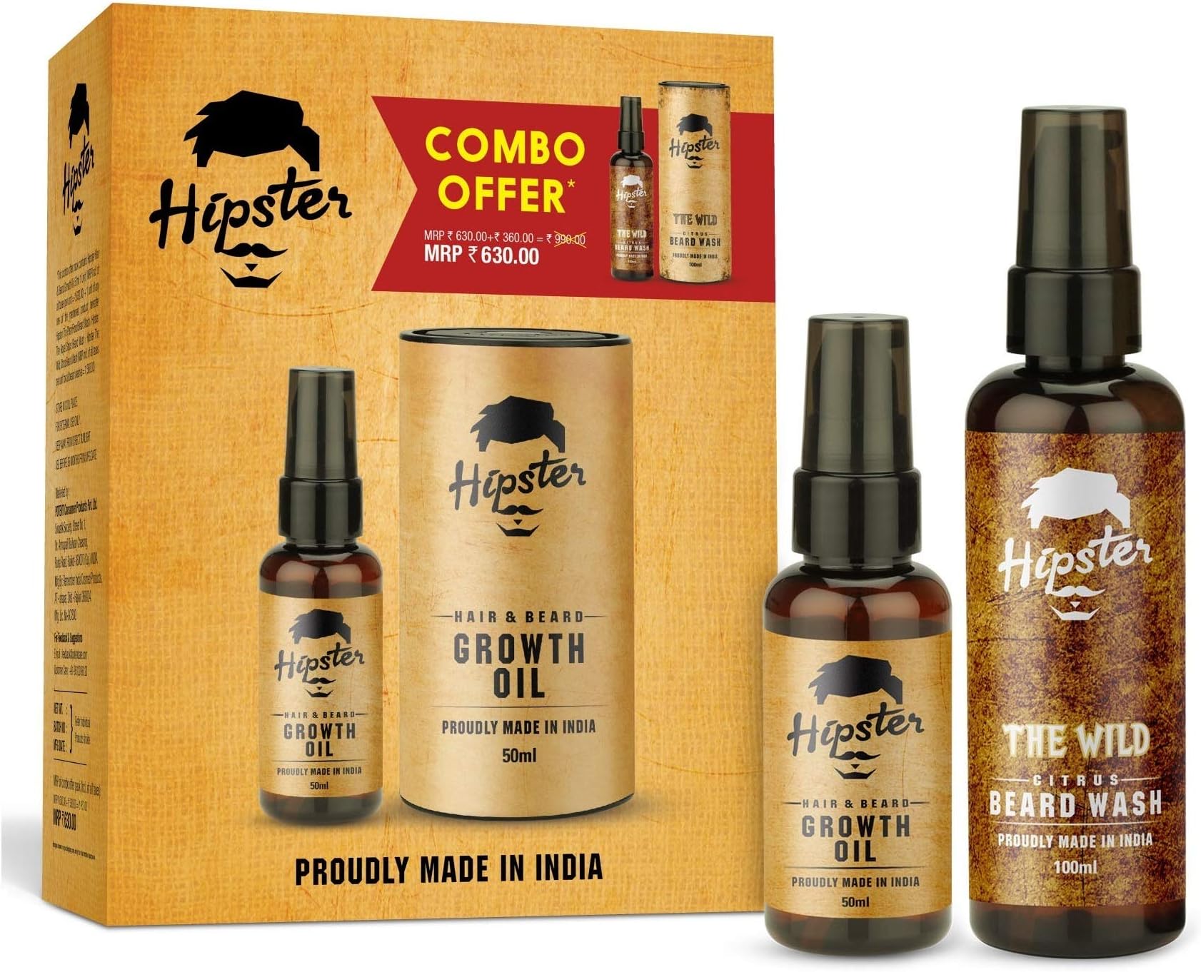 Hipster Beard Growth Oil 50 ML and Beard Wash 100 ML, Hair Growth Oil For Men, Argan & Almond oil, Beard Growth Oil for Patchy Beard, Nourishment & Moisturization, No Harmful Chemicals
