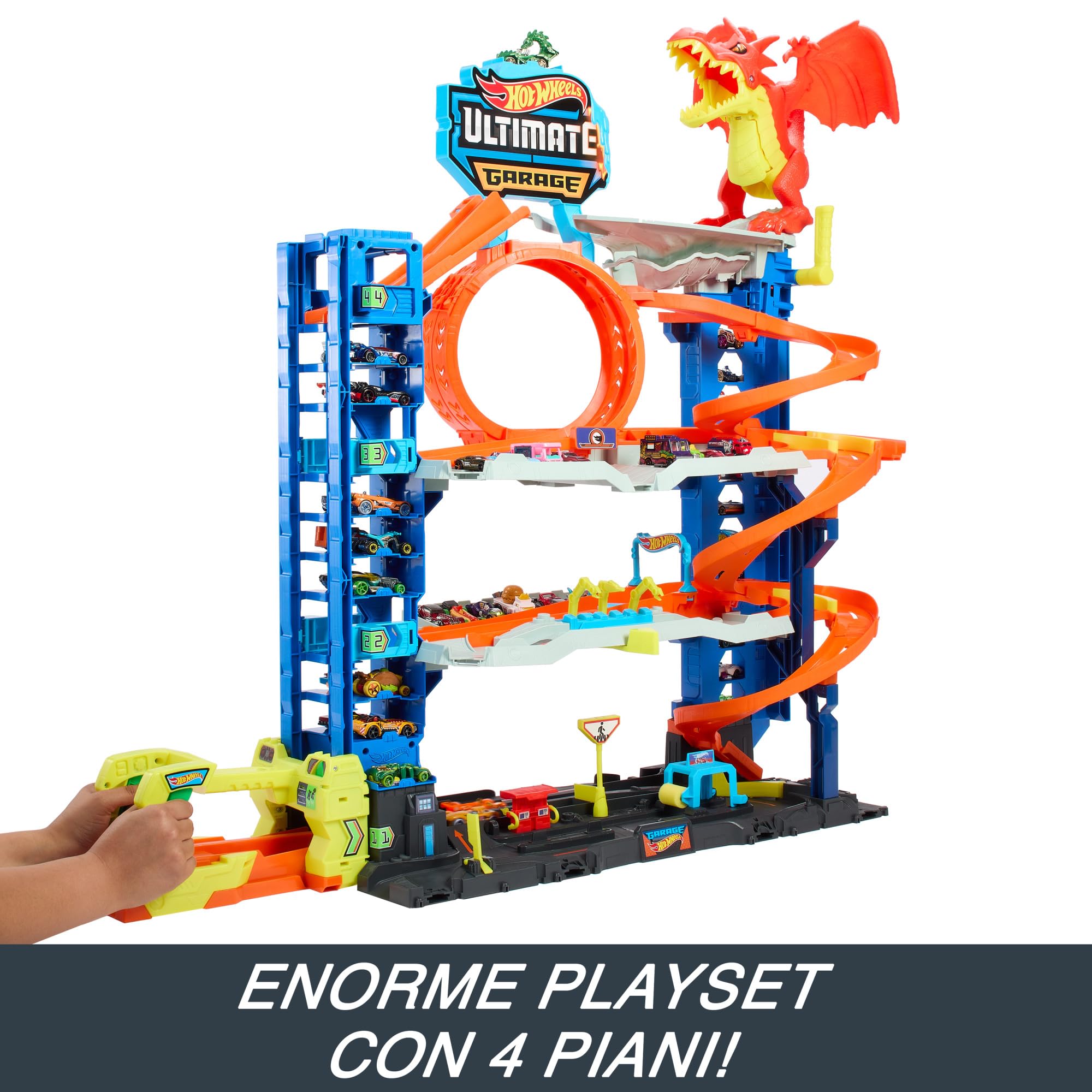 Hot Wheels City 'Let's Race' Netflix - Mega Garage, Playset con quattro livelli di gioco e drago divora auto, con 2 macchinine die-cast e box per riporre 50 veicoli in scala 1:64, 4+ anni, HKX48