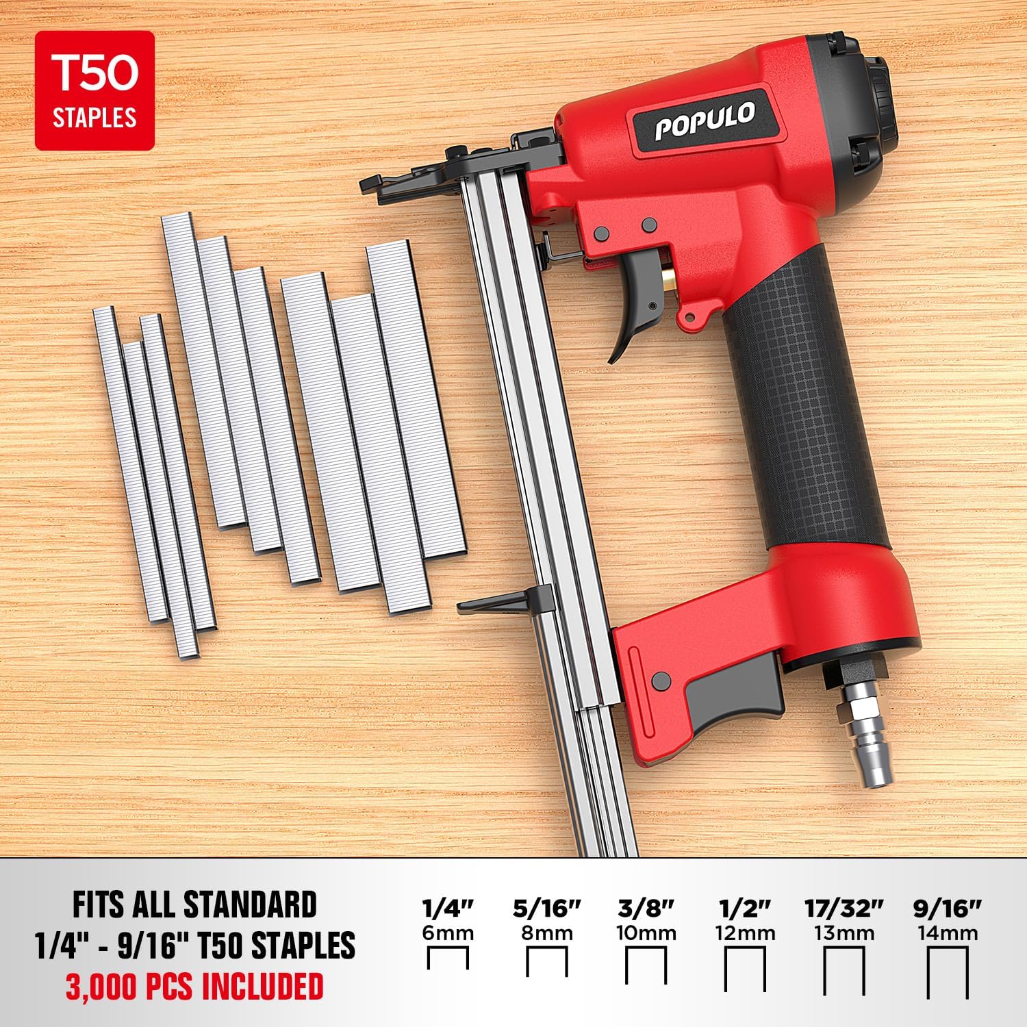 POPULO Pneumatic Staple Gun, Air Staple Gun with 3000 Staples and Safety Glasses, T50 Stapler for Upholstery, Woodworking, DIY, or Material Repair (Air Compressor Not Included)