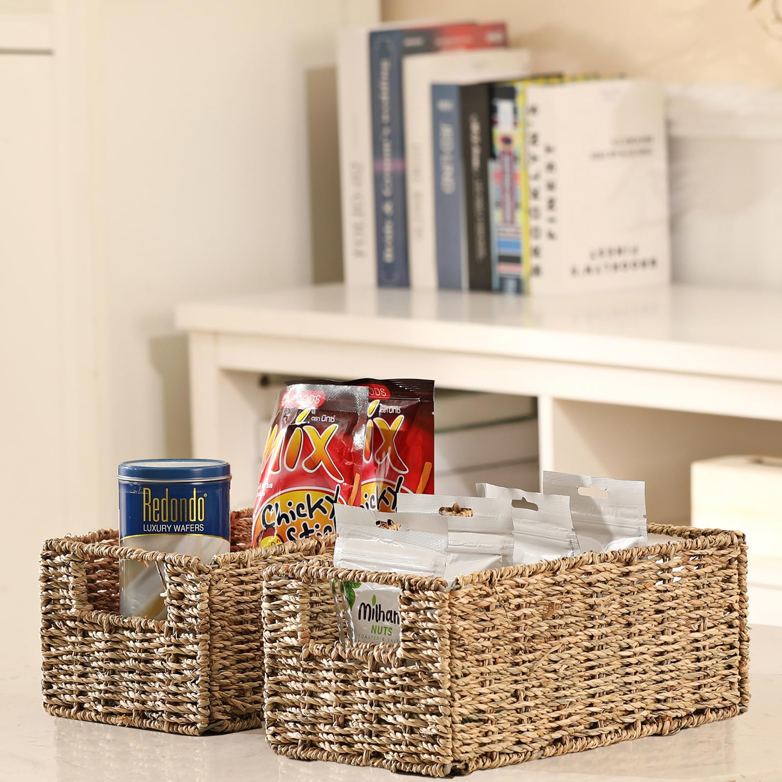 棚用シーグラス収納バスケット、枝編み収納バスケット、収納用織物  