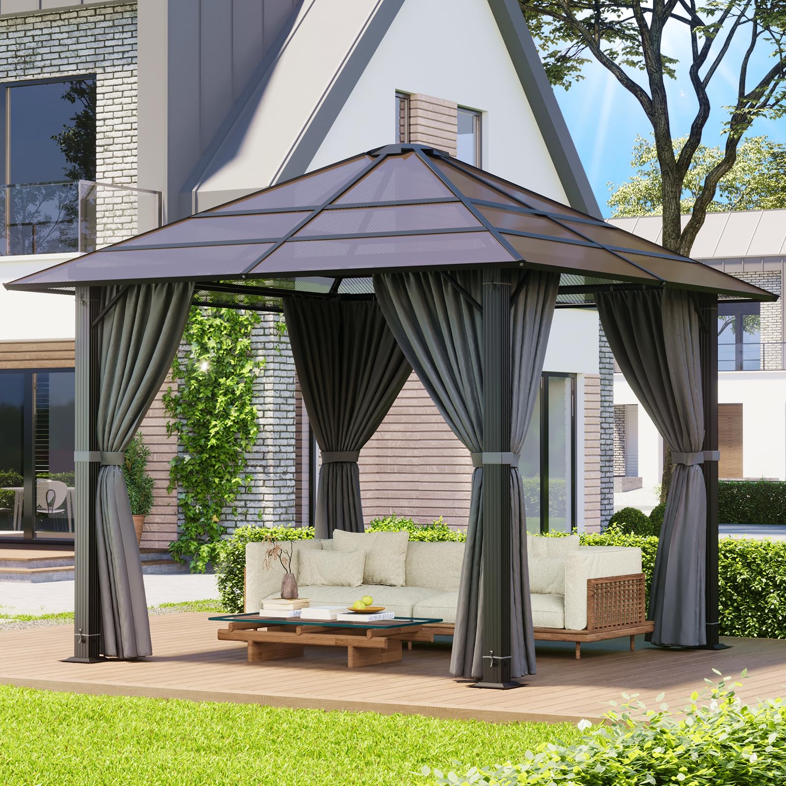 JUMMICO Padiglione da Giardino 3x3m in Alluminio con Tetto Fisso - Design per Ombreggiatura di Giorno e Atmosfera Luminosa di Sera - Stabile e Resistente alle Intemperie