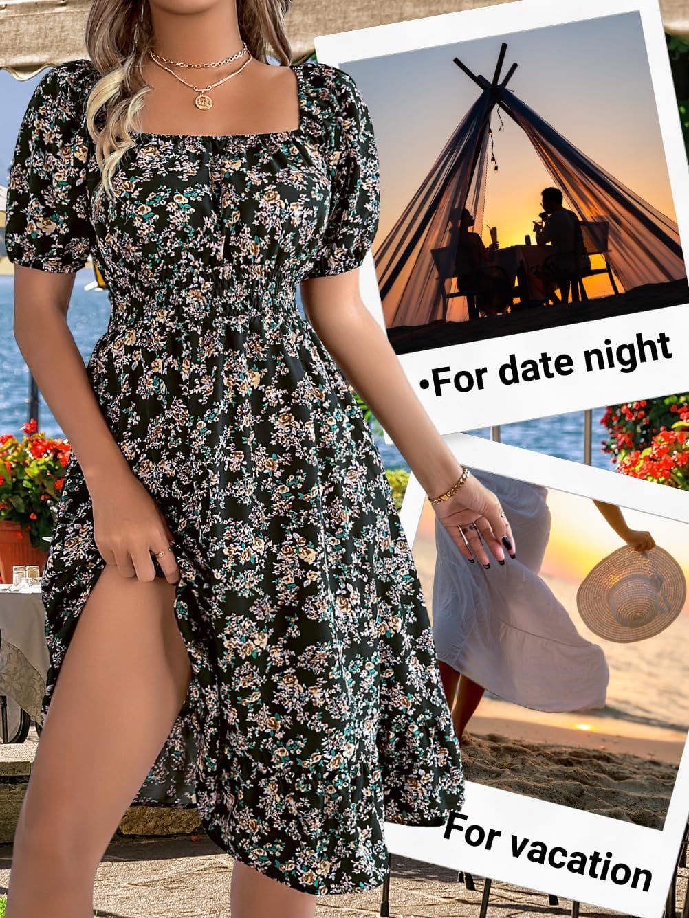 Floral Dress for Women, Puff Sleeve A Line, Spring Tea Party, Knee Length Casual Flowy Milkmaid Boho Flower - Image 7