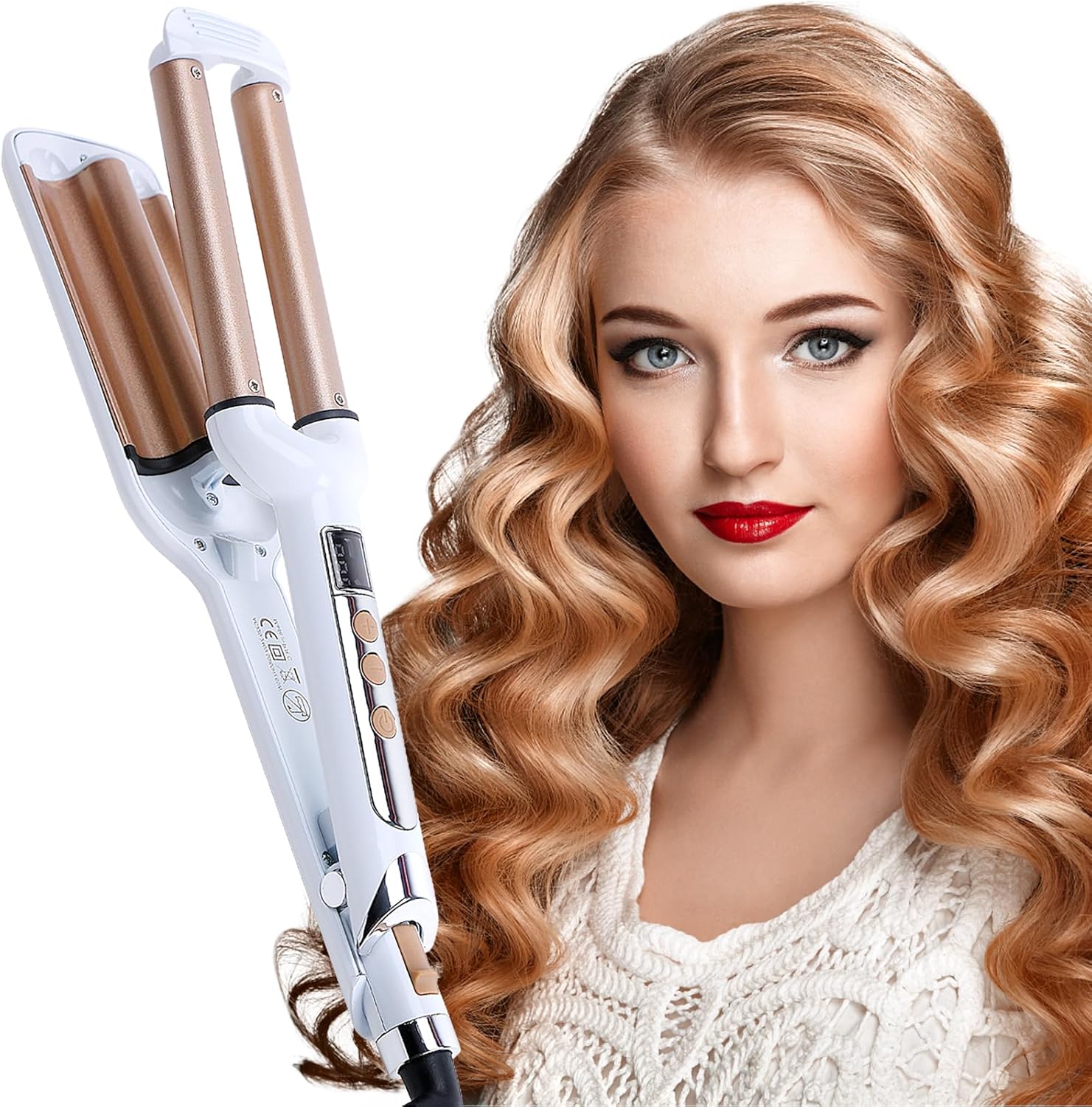 Hair Crimper Anti-Scald Beach Waver Curling Iron Fast Heating Tourmaline Ceramic Hair Waver with LCD Display & Temp Settings Crimper Hair Tool for Wide Deep Waves