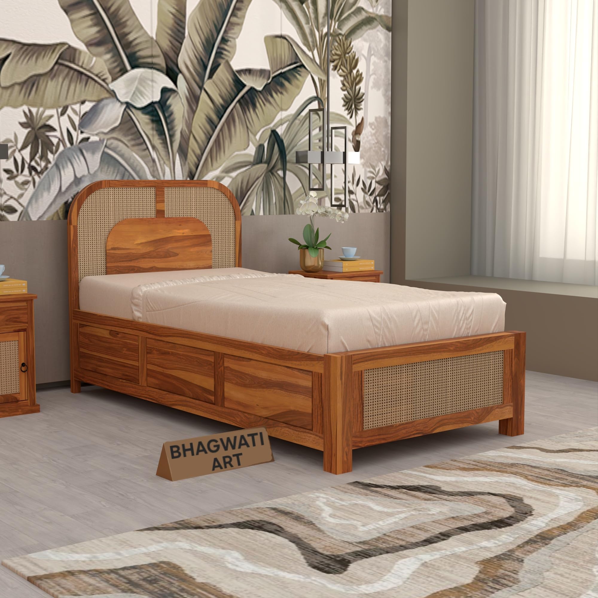 Solid Sheesham Wood Single Bed with Rattan Cane Design| Single Cot Wooden Bed with Storage Box| Cane Bed Furniture for Bedroom Home & Hotels|5 Jaali Rattan Cane Design Bed, Honey Finish-image-4