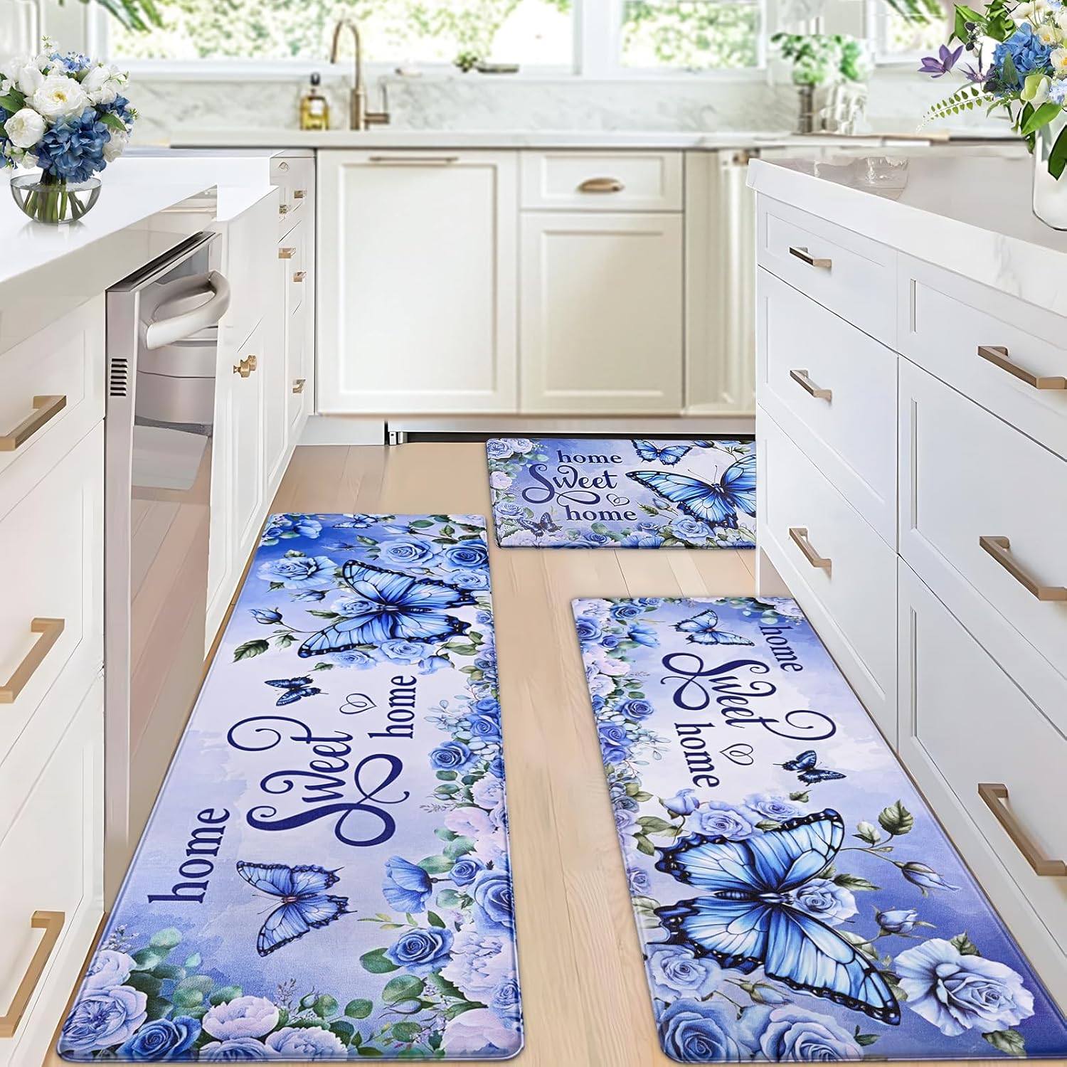 Likiyol Kitchen Rugs Floral Kitchen Mats for Floor Butterfly Farmhouse Anti Fatigue Mats for Kitchen Floor, Non Slip Washable Kitchen Mat for Home, Sink, 18''x30''+18''x48''+18''x60'', Blue