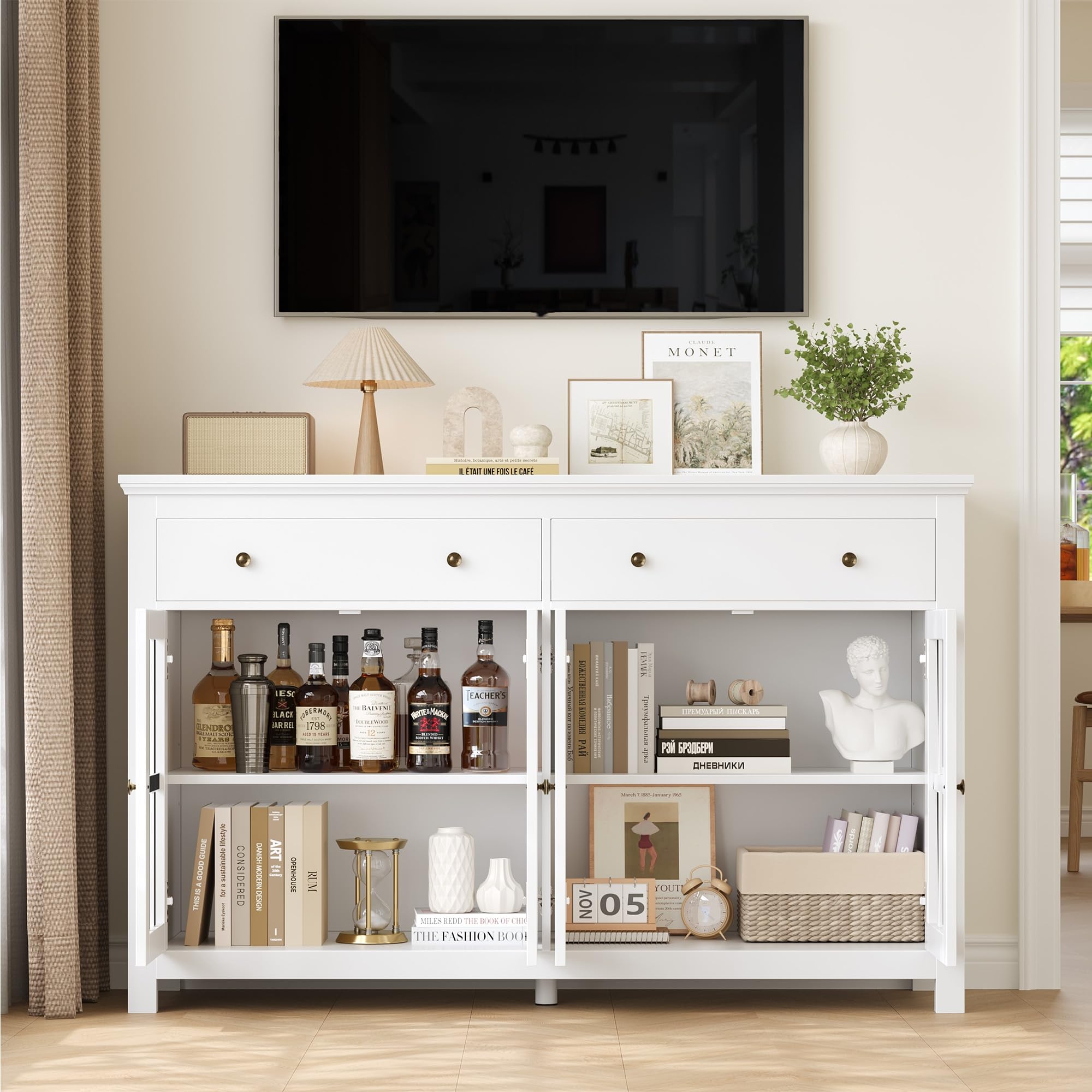 FirFurd Buffet Portes Vitrées Meuble Cuisine Rangement Blanc 140x40x90.7cm | Vaisselier 4 portes et 2 tiroirs | Grand plan de travail | Étagères réglables | Verre trempé | Pour salle à manger, salon