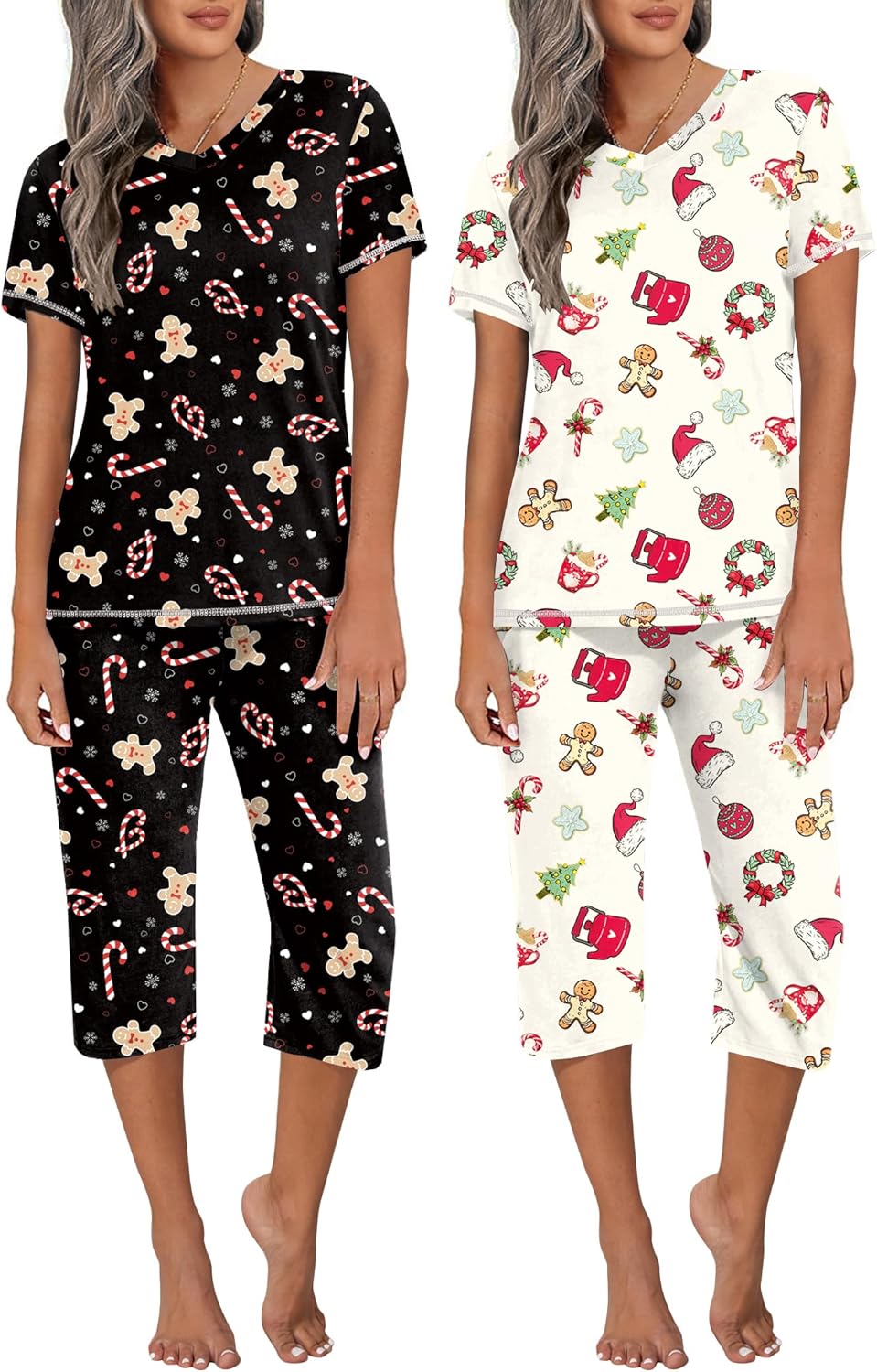 Ekouaer 2 Pack Women's Capri Pajama Sets Short Sleeve Two-Piece Pjs V Neck Tops & Pants Printed Lounge Sets S-3XL