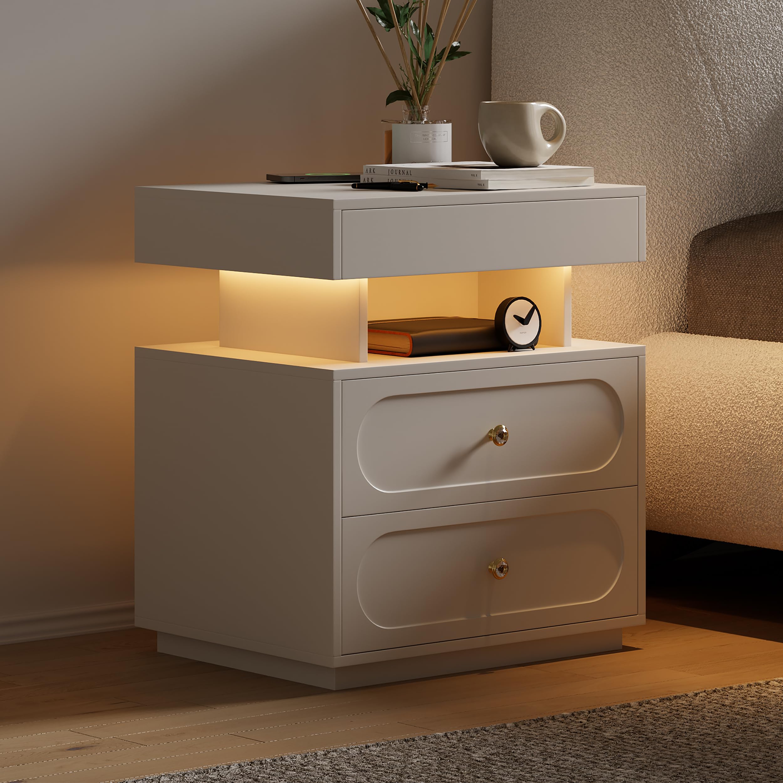 Homary Schwebender Nachttisch mit LED & Ladefunktion – Moderner Nachtschrank mit 3 Schubladen, USB, Typ-C und Steckdosen für Schlafzimmer, Weiß