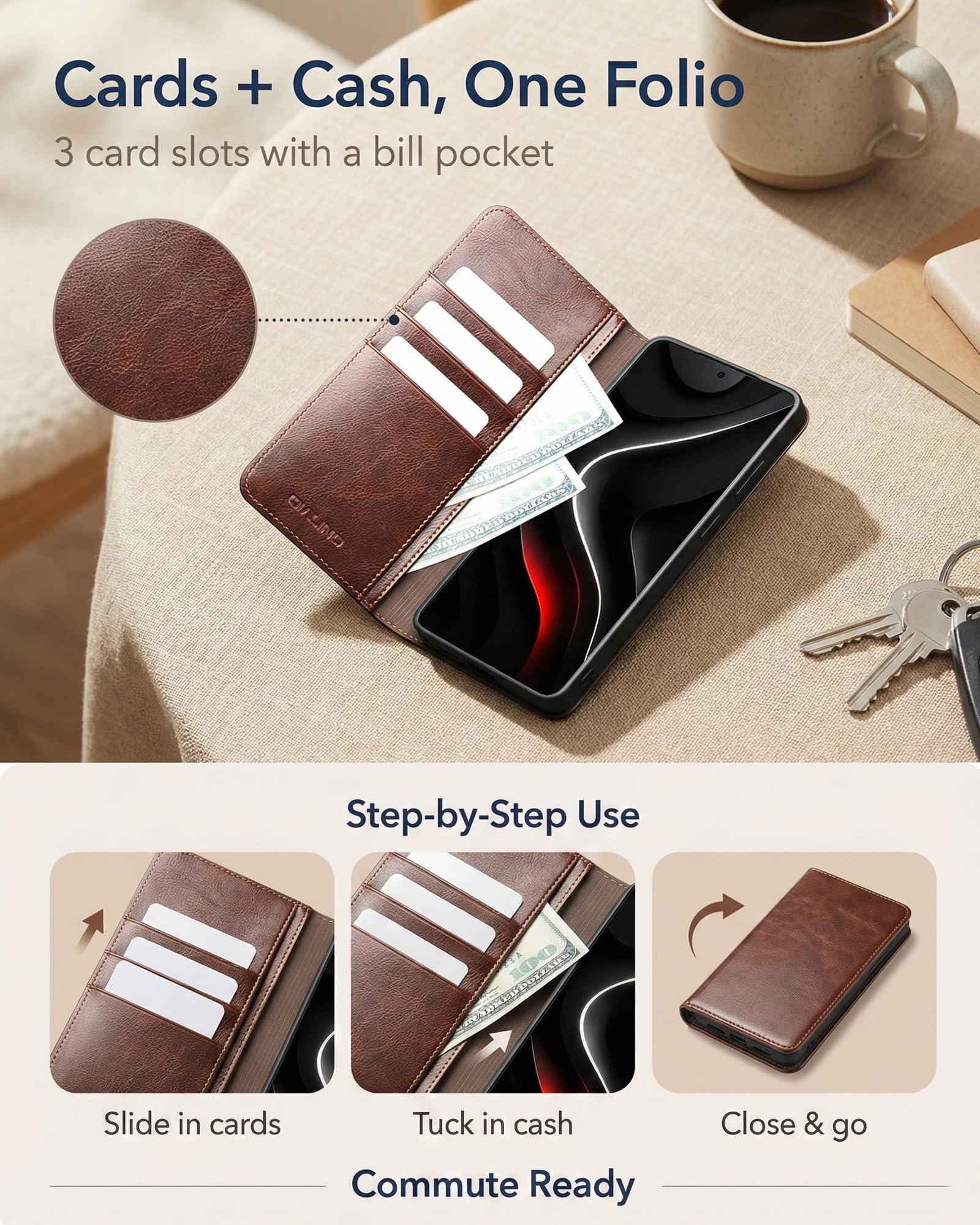 Leder-foliohülle im Business-Stil für Samsung Galaxy S26 Ultra, Brieftaschen-Klapphülle mit 3 Kartenfächern, Schlanker TPU-Handyhülle und Bequemem Griff für den Täglichen Transport, Braun
