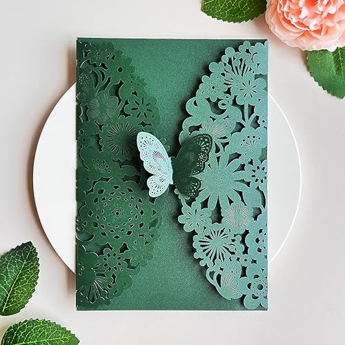 Miniatura 6 de Hosmsua 5.12 x 7.3 pulgadas, 50 tarjetas de invitación de quinceañera de flora de encaje de color verde esmeralda personalizadas con invitaciones de