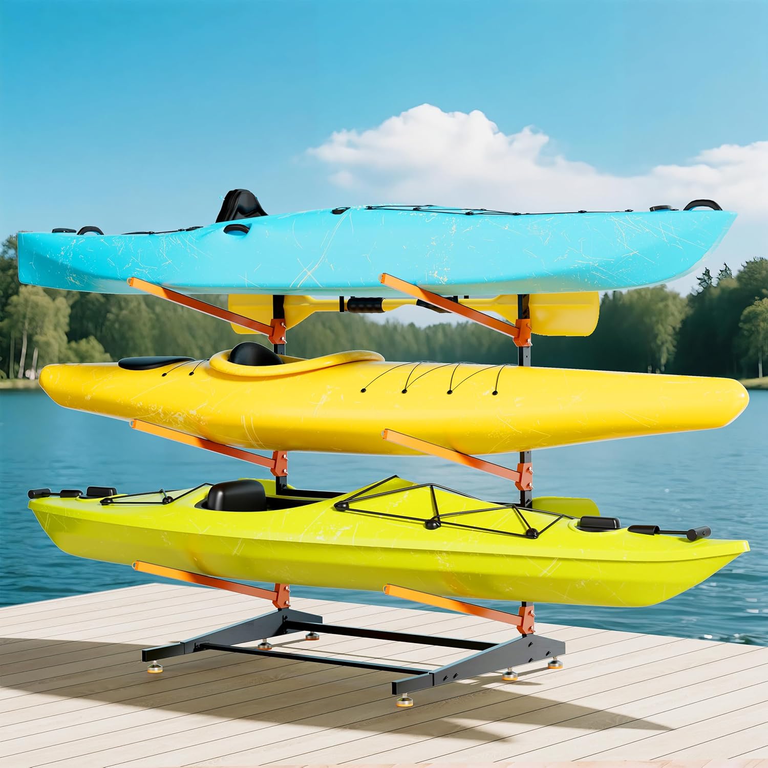 3-Tier Freestanding Kayak Storage Rack, Heavy Duty Outdoor Canoe Stand for Garage & Dock, 330 lbs Capacity, Rust-Proof 304 Stainless Steel Hardware (Orange)
