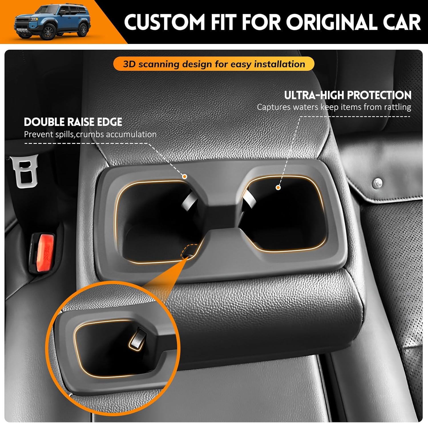 2Row Cup Holder Compatible with Toyota Land Cruiser 250 Prado J250 LC250 2024 2025 Accessories,Insert Drink Trunk Organizer Cup Holder Inserts Replacement Interior Silicone Black(2 Row)