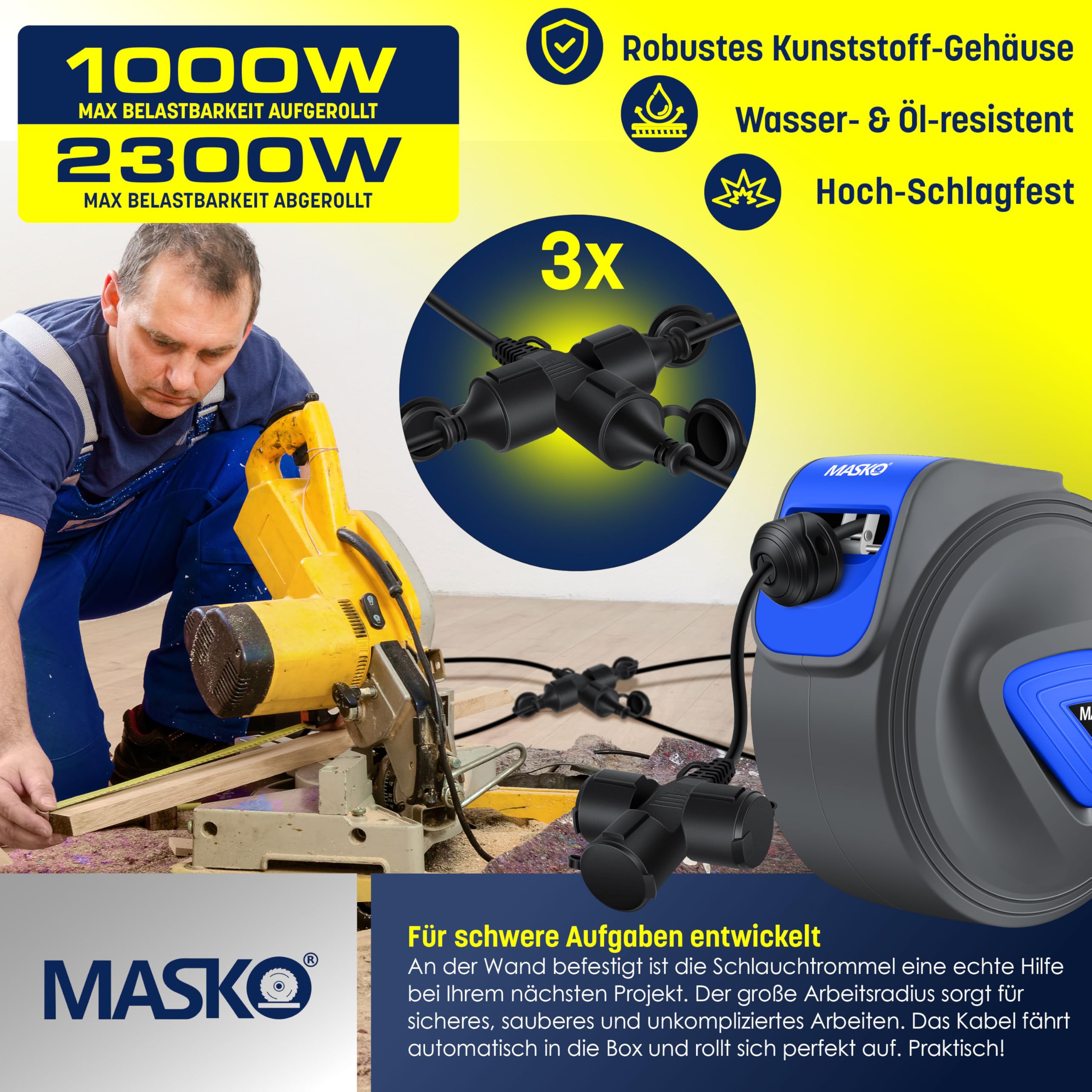 MASKO® Enrouleur de câble/tuyau automatique, 20 m, pour atelier, avec connecteur à 3 positions, rotatif à 180°, câble de 1,5 m, support mural, gants