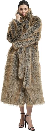 Women Luxury Faux Fox Fur Coat Tip-Dyed Lapel Shawl Overcoat Calf-Length Outer Wear with Pockets Belt