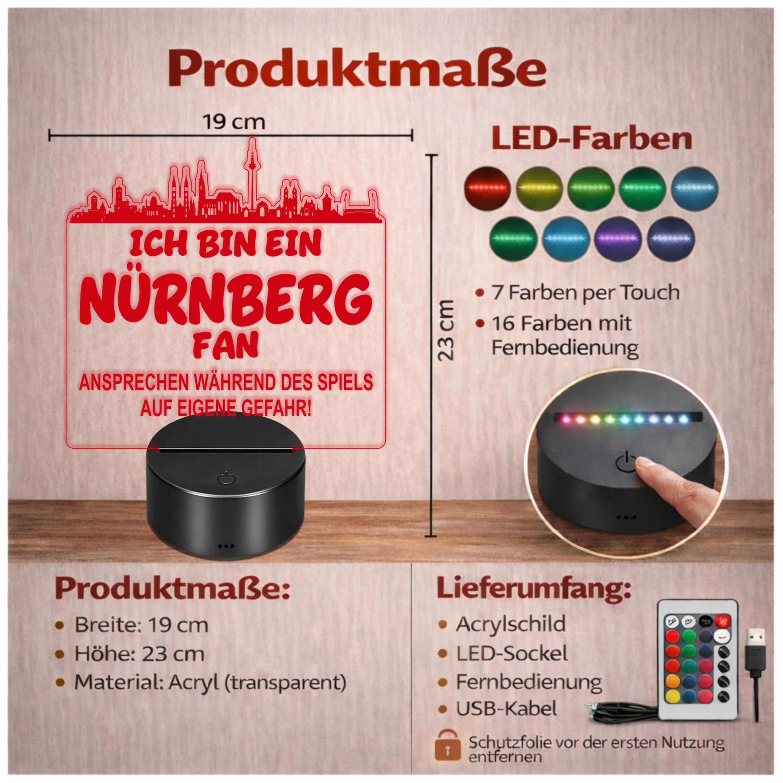 Lieblingsmensch Nürnberg Fan Fußball LED Nachtlicht – 3D Skyline Design „Ansprechen auf eigene Gefahr“ – RGB Farbwechsel mit Fernbedienung & Touch – Stimmungslicht für die Man Cave – 19x23cm